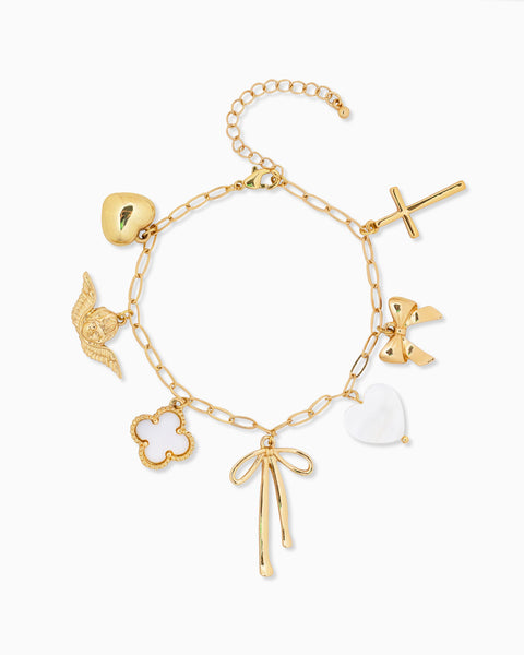 ★JC★Multi Charm Ribbon Bracelet★Gold Ribbon & Pearl Multi Charm Ribbon Bracelet |Gold Metal Charm Bracelet with