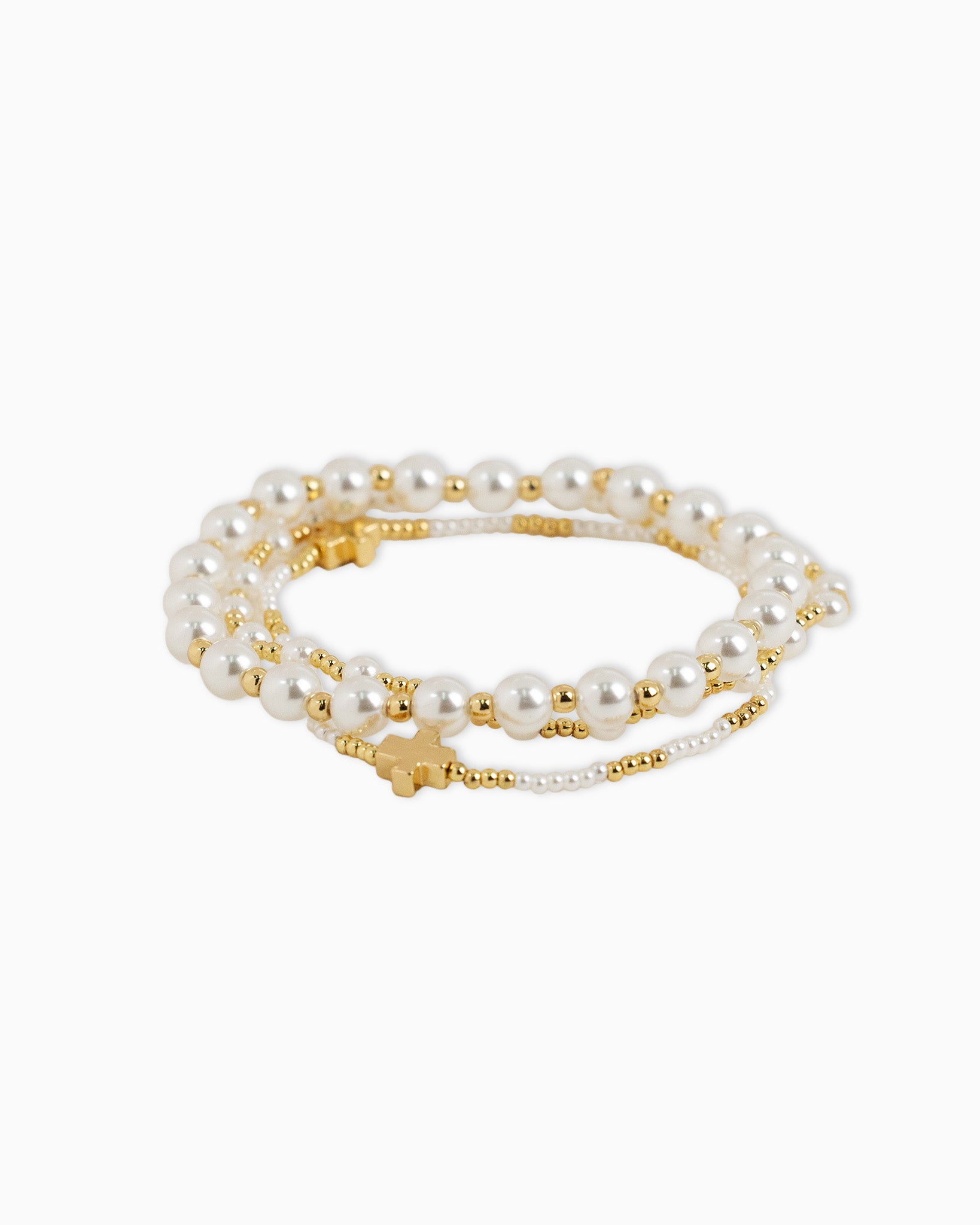 Gold Cross Pearl Bead Variety Stretch Bracelets, Set of 3