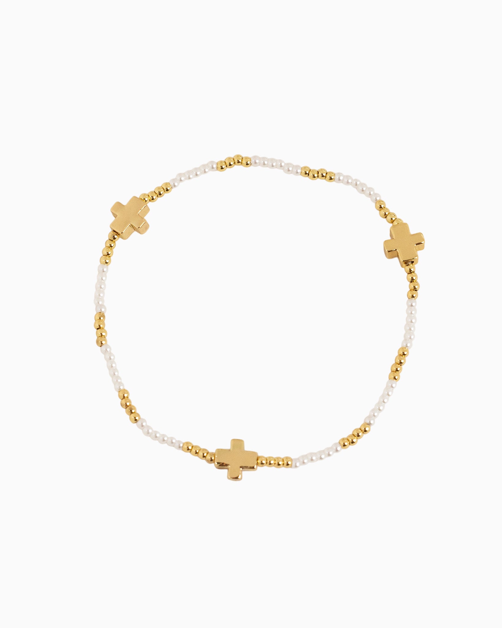 Gold Cross Pearl Bead Variety Stretch Bracelets, Set of 3