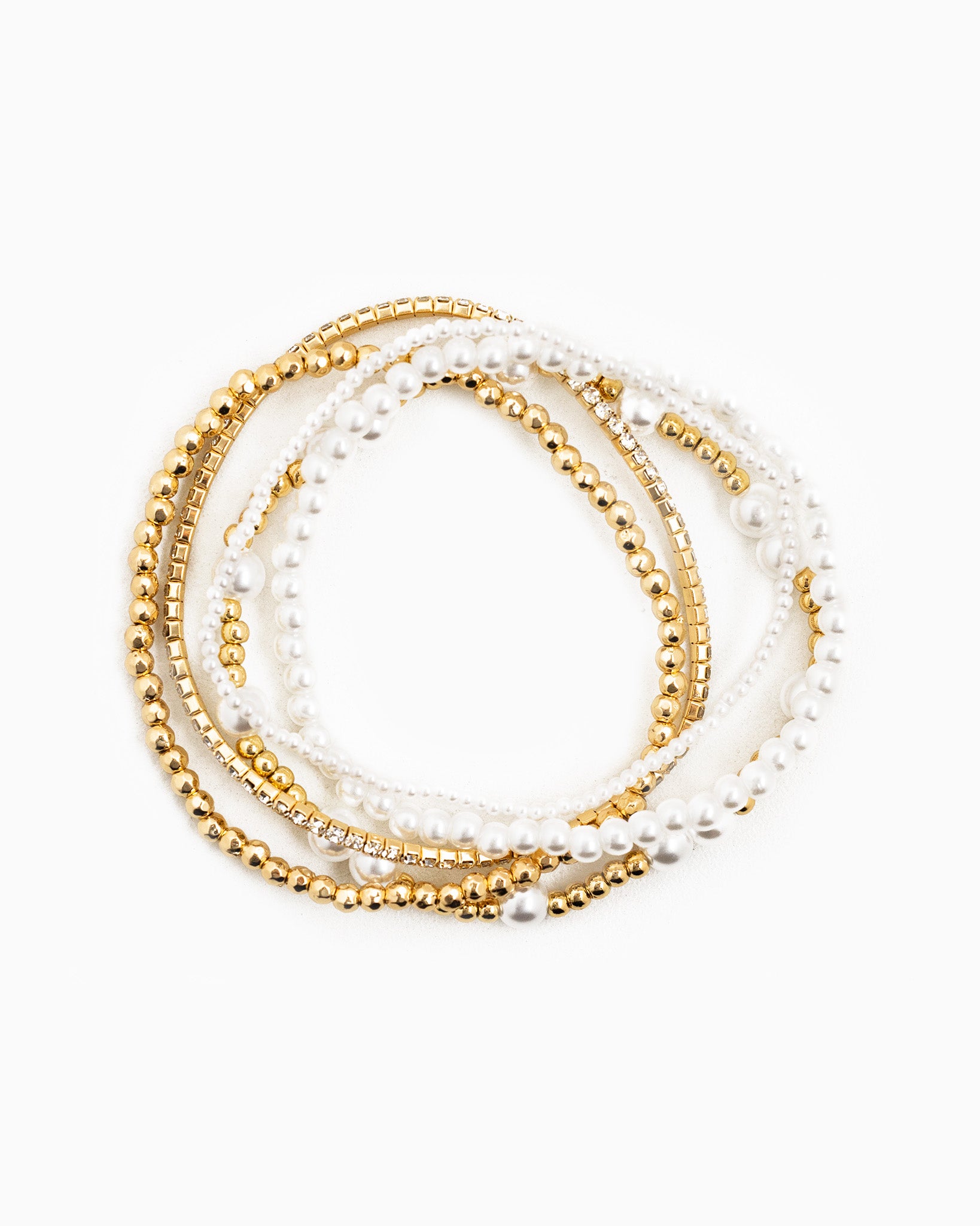 Unique Gold Ball Bead and Pearl Stretch Bracelet Set of 5