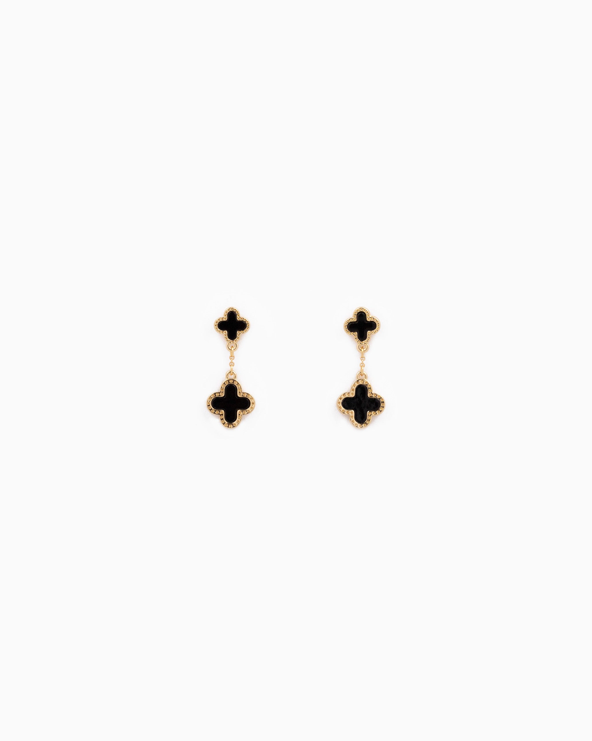 Mother of Pearl Double Clover Drop Earrings – Gold Black front