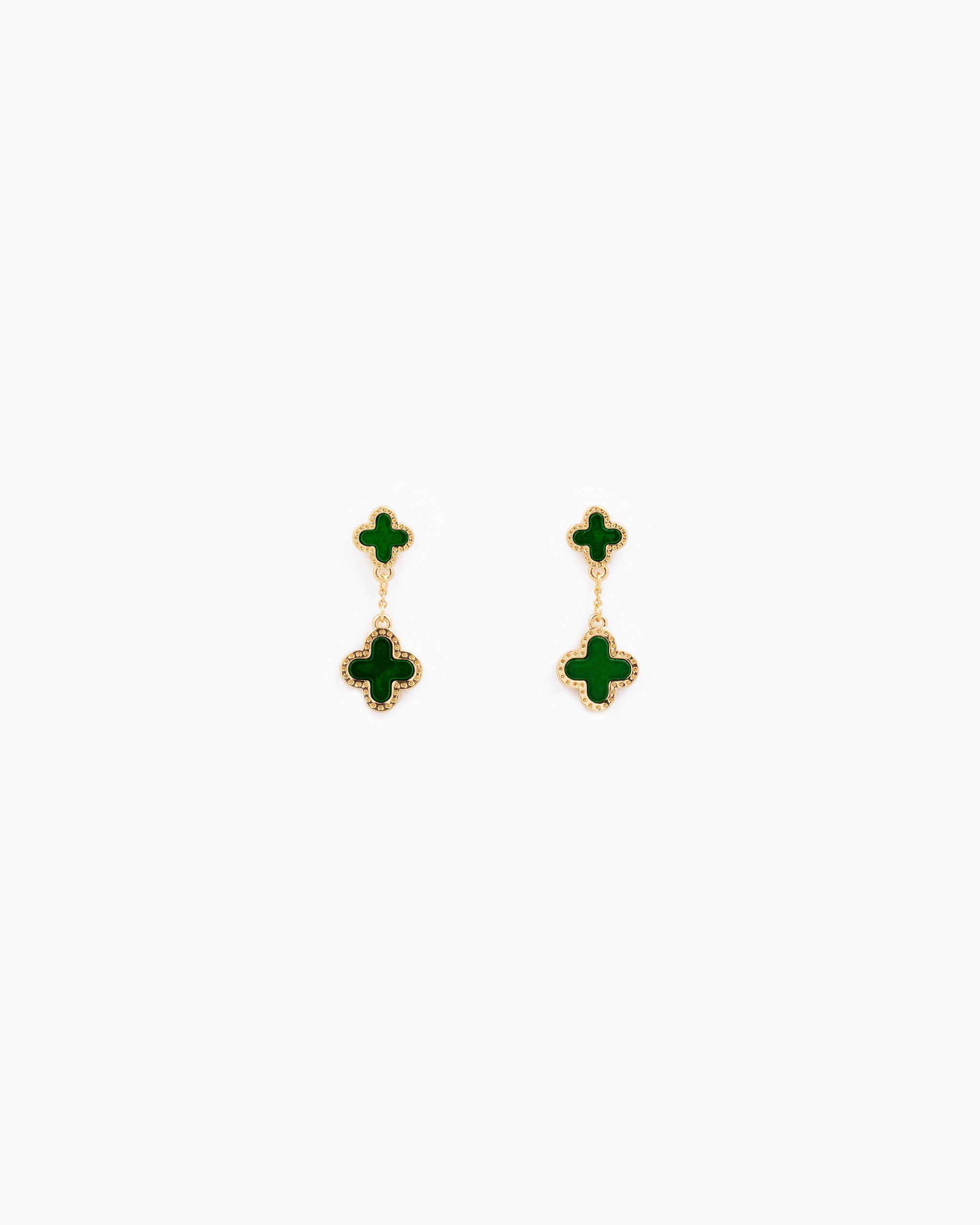 Mother of Pearl Double Clover Drop Earrings – Gold Green front