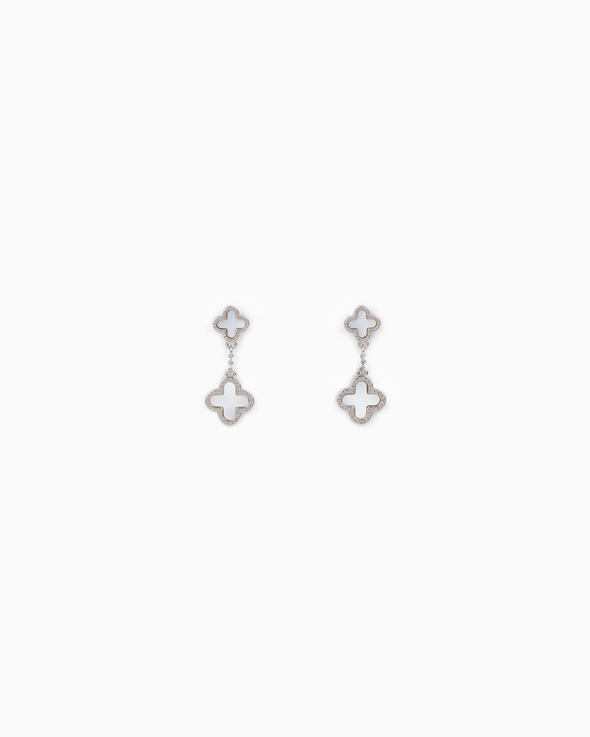 Mother of Pearl Double Clover Drop Earrings – Rhodium White