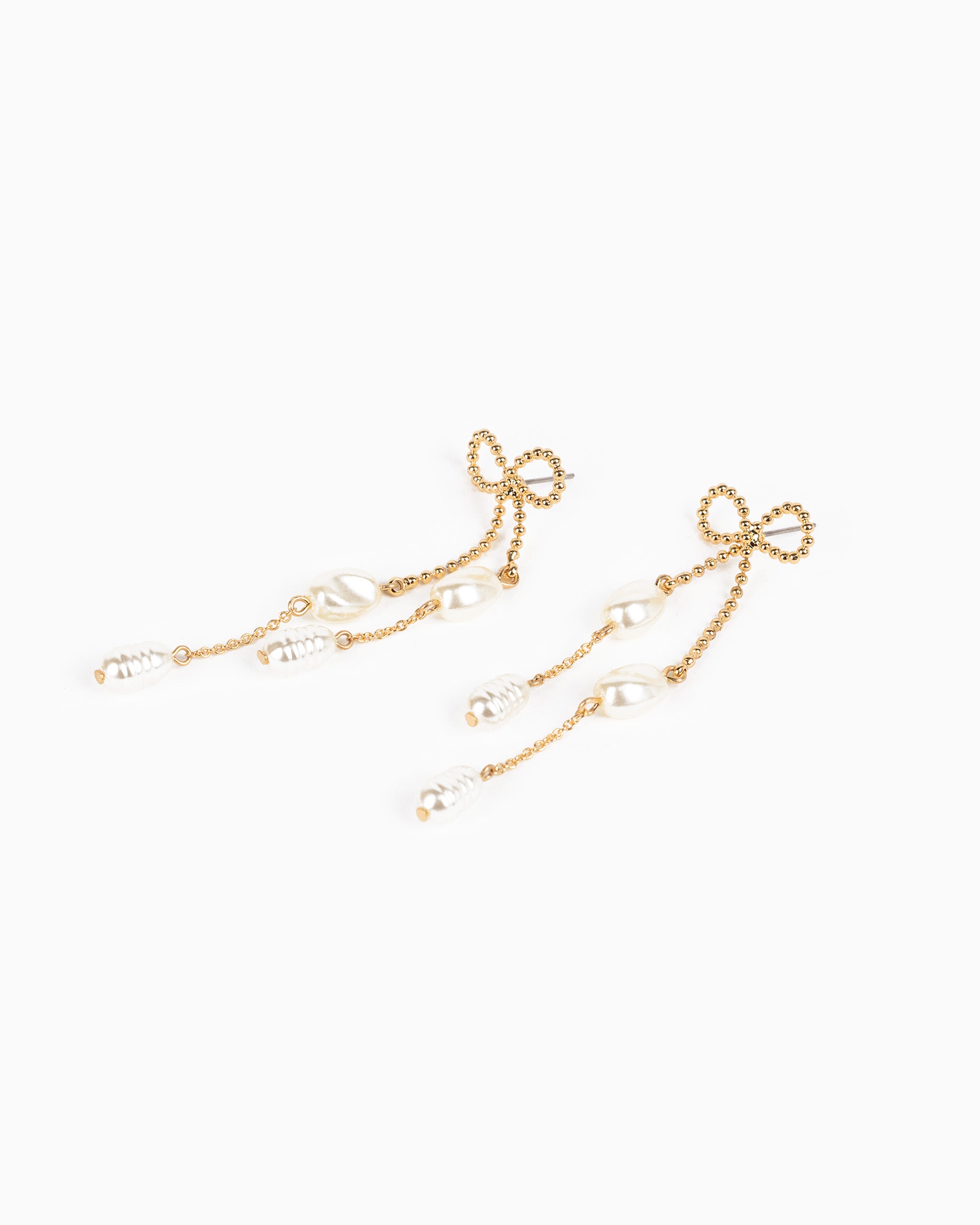 Long Bow Pearl Deco Drop Earrings-3