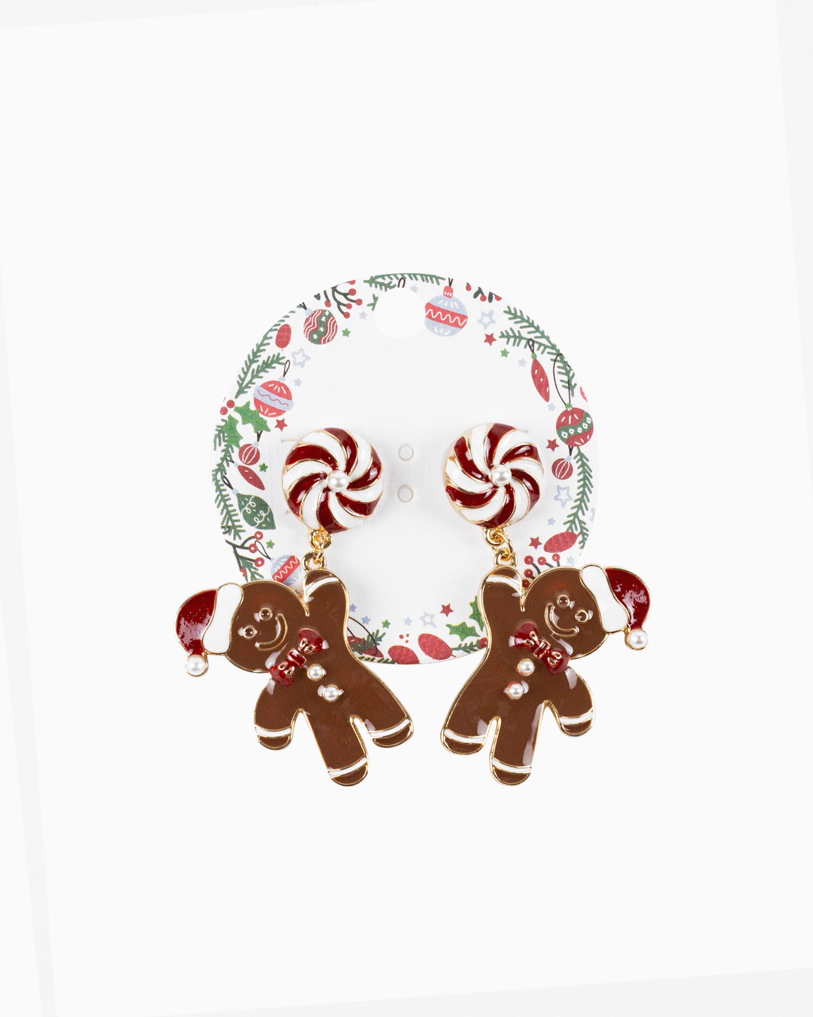 Christmas Gingerbread Man Peppermint Candy Drop Earrings – Brown, detail view