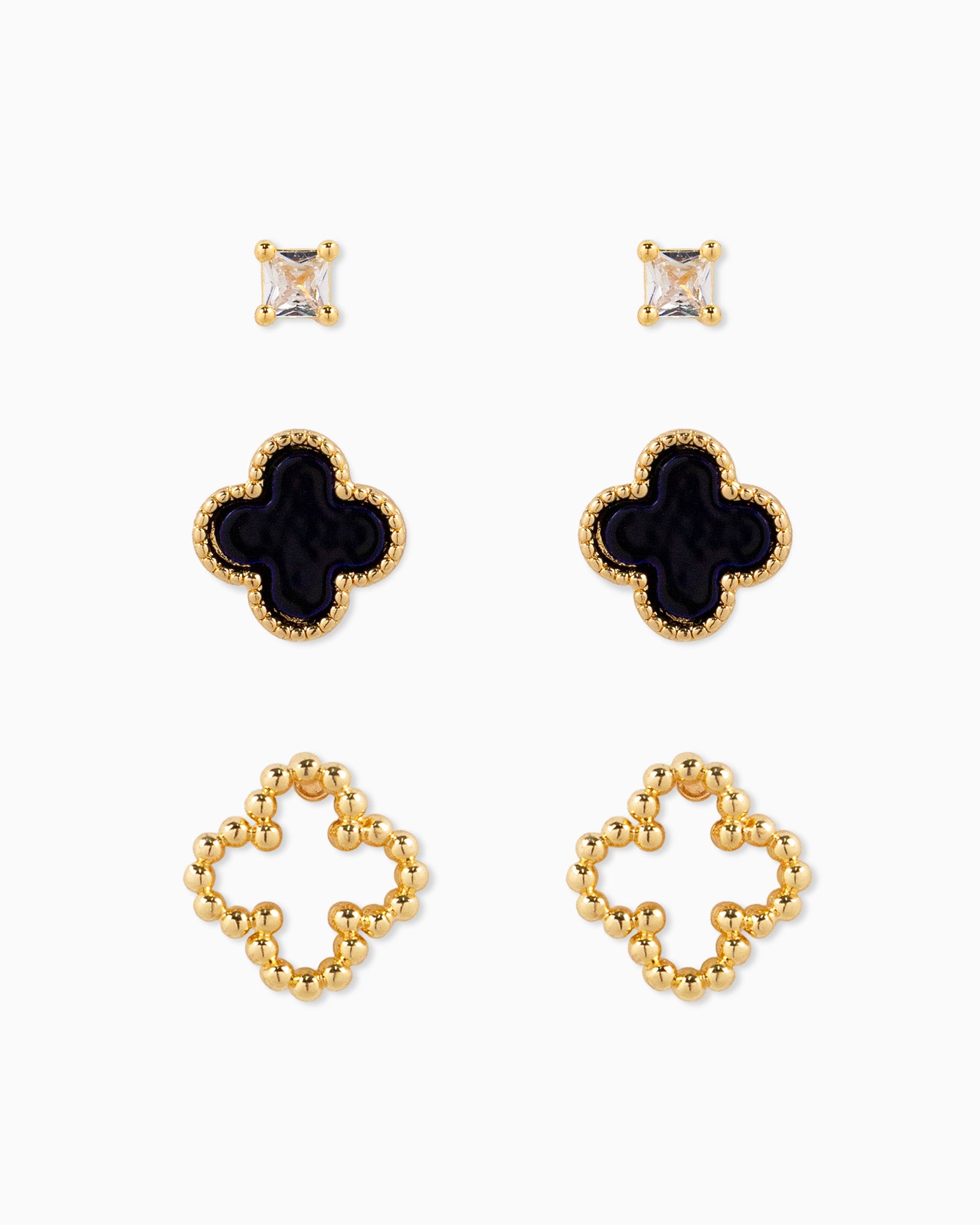 MOP Clover and CZ Stud Earring Set of 3