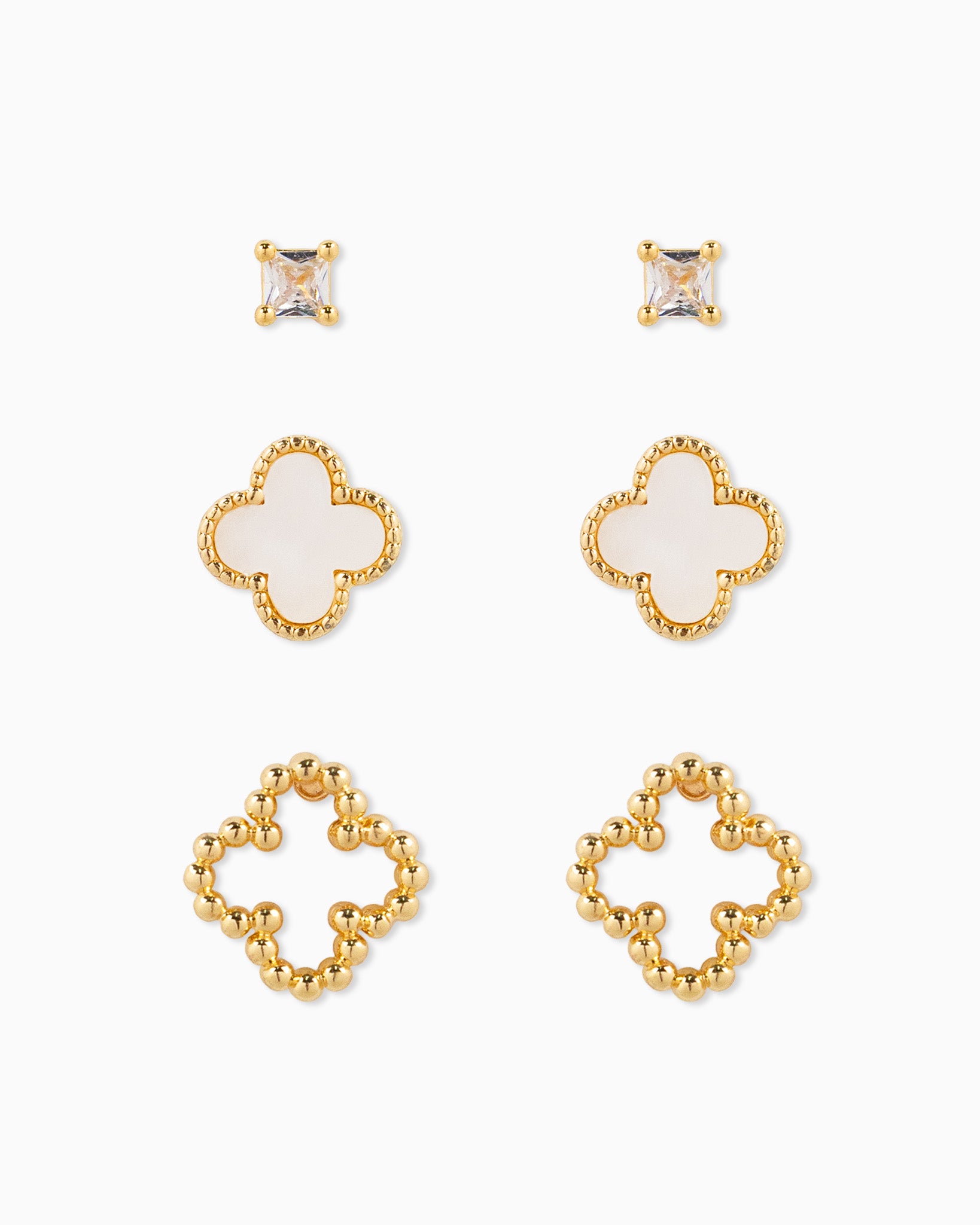 MOP Clover and CZ Stud Earring Set of 3