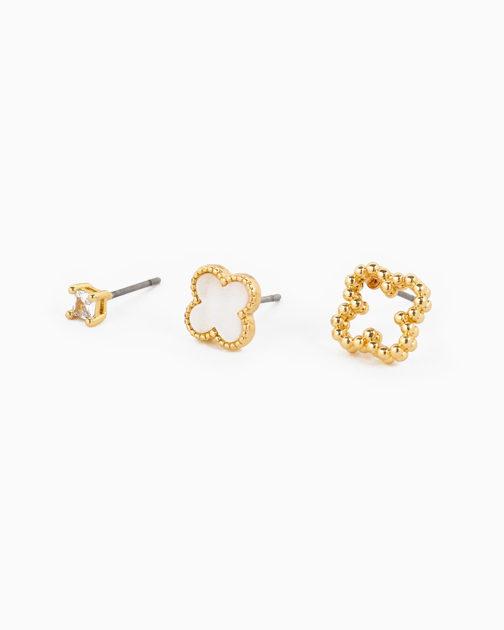 MOP Clover and CZ Stud Earring Set of 3