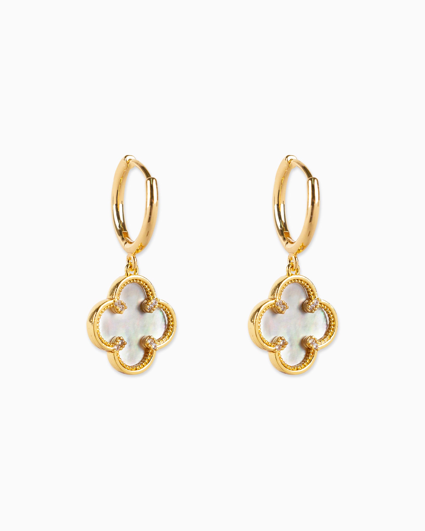 Detailed Bezel CZ MOP Clover Drop Hoop Earrings