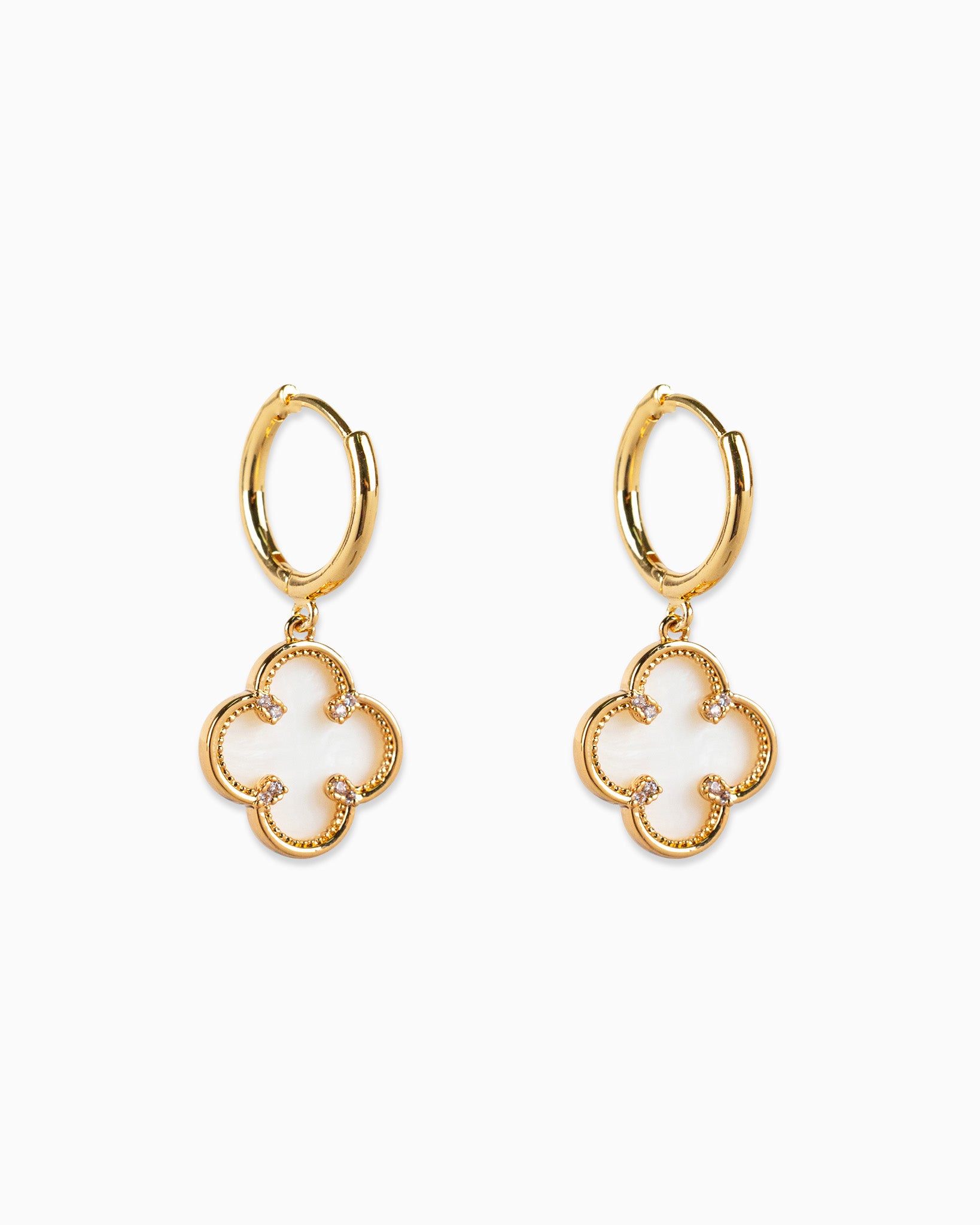 Detailed Bezel CZ MOP Clover Drop Hoop Earrings