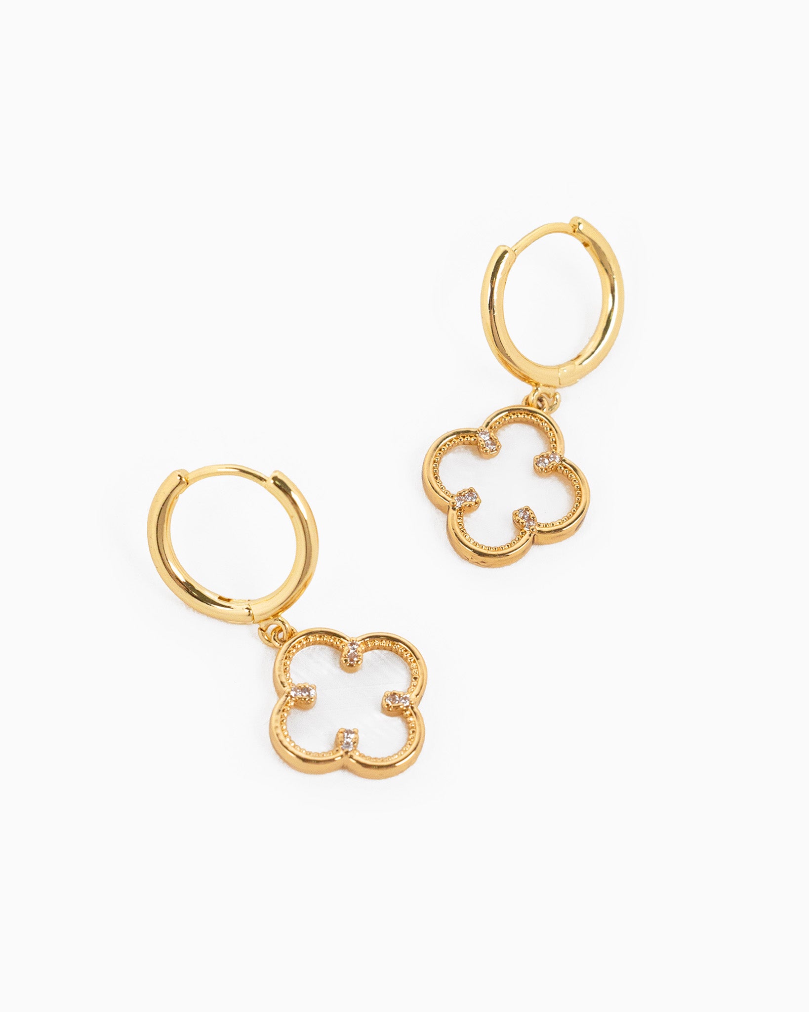 Detailed Bezel CZ MOP Clover Drop Hoop Earrings