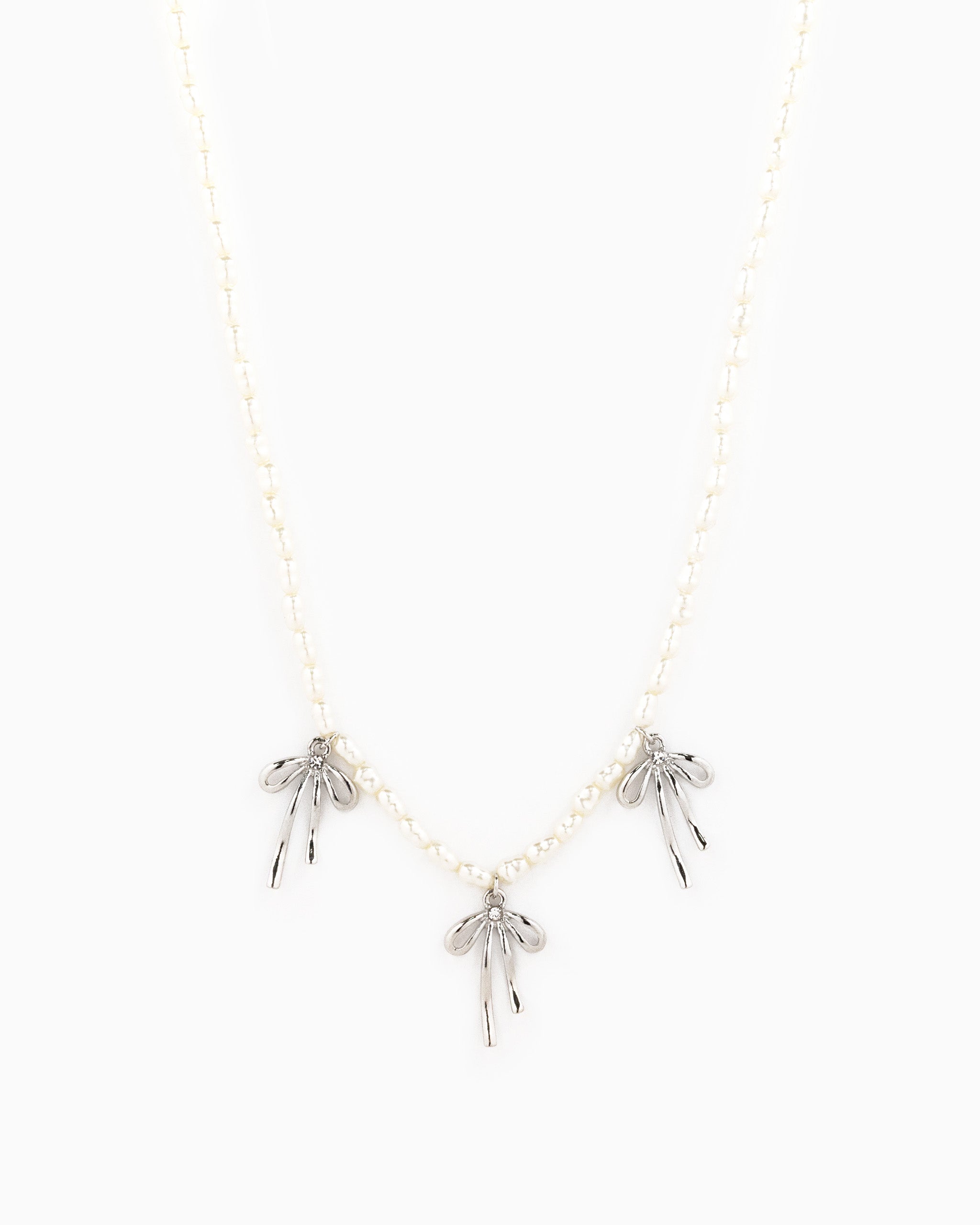Metal Bow Station Pearl Chain Necklace-5