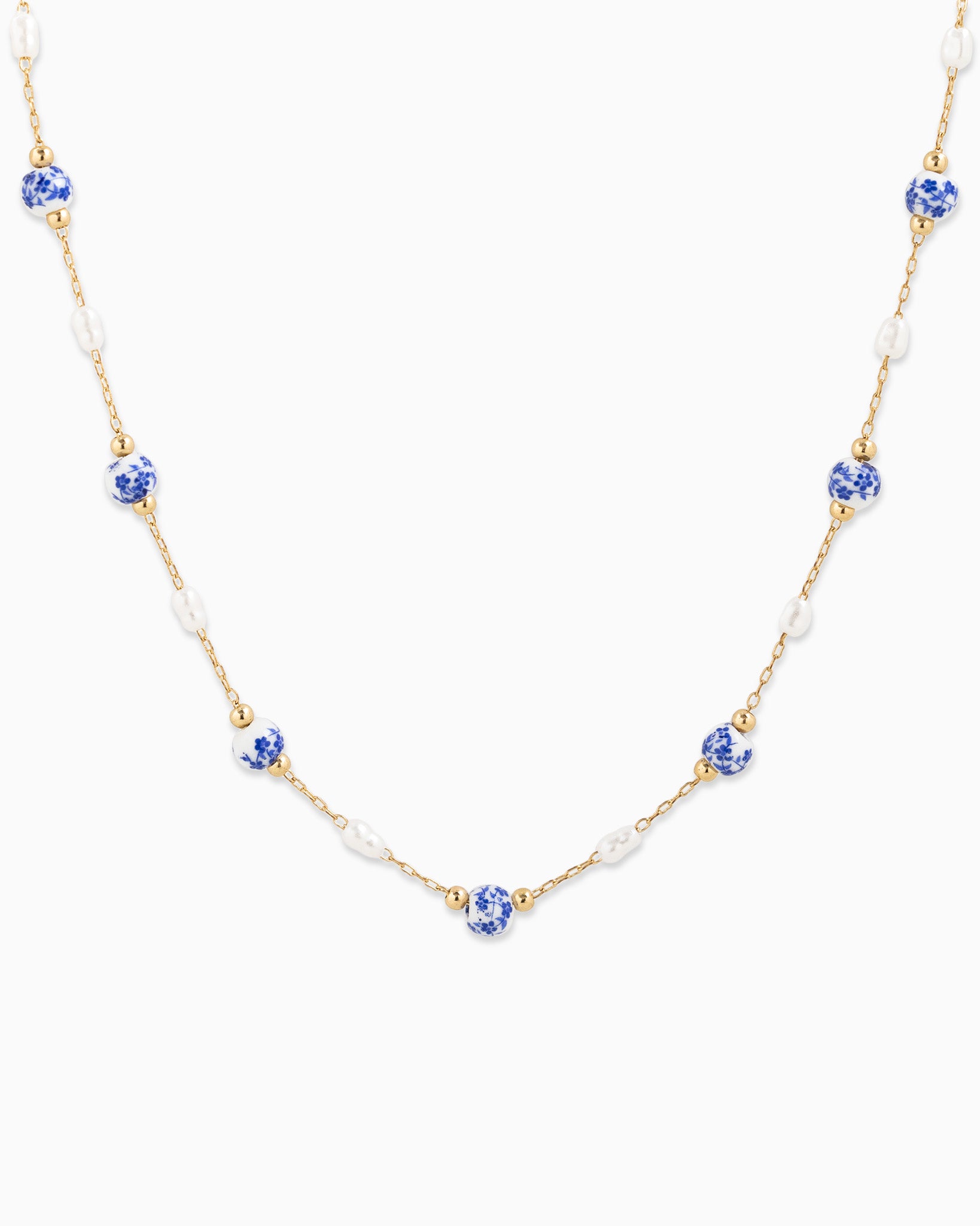 Ceramic Blue and Pearl Mix Bead Chain Necklace