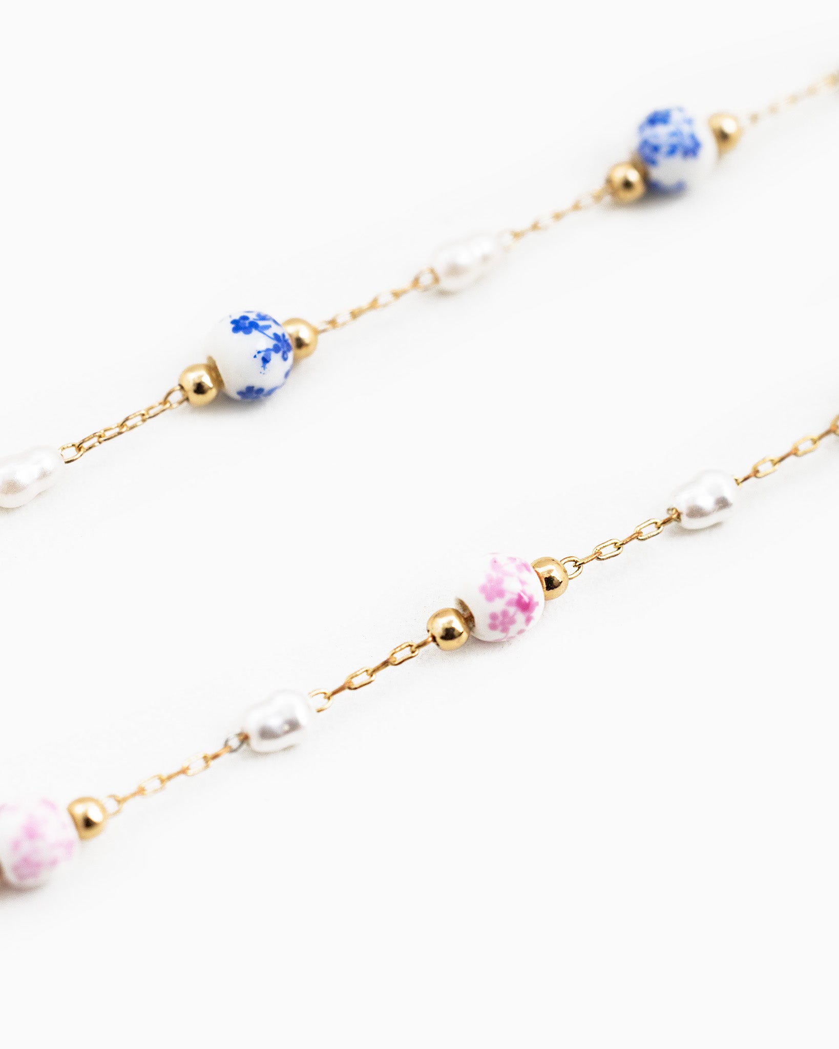 Ceramic Blue and Pearl Mix Bead Chain Necklace