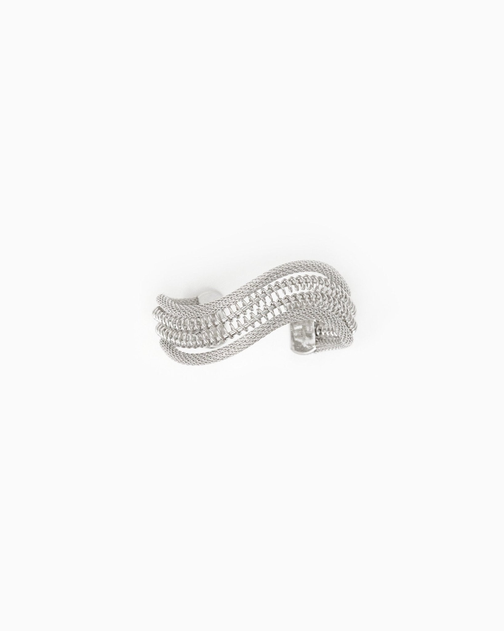 Triple Wire Snake Mesh Open Cuff Bracelet – Rhodium