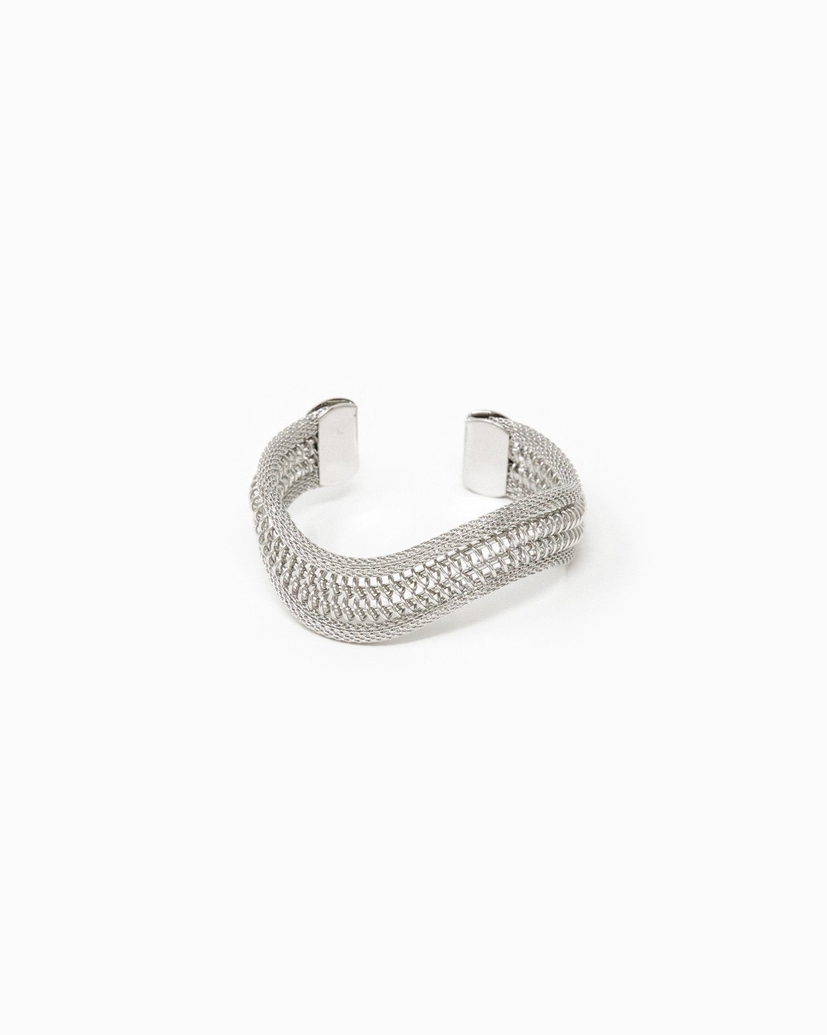 Triple Wire Snake Mesh Open Cuff Bracelet – Rhodium side