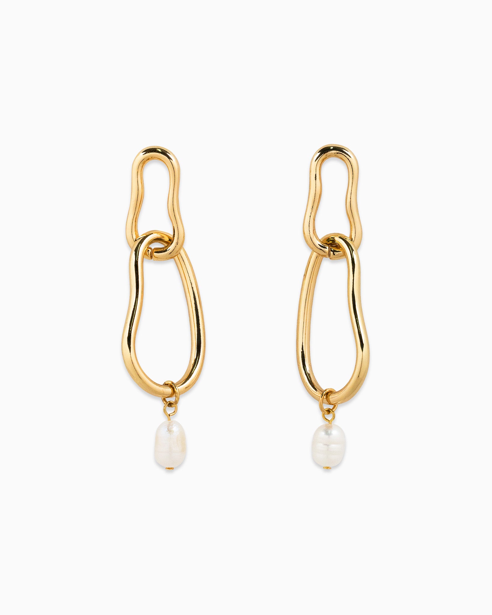 Abstract Gold Link Single Freshwater Pearl Drop Earrings