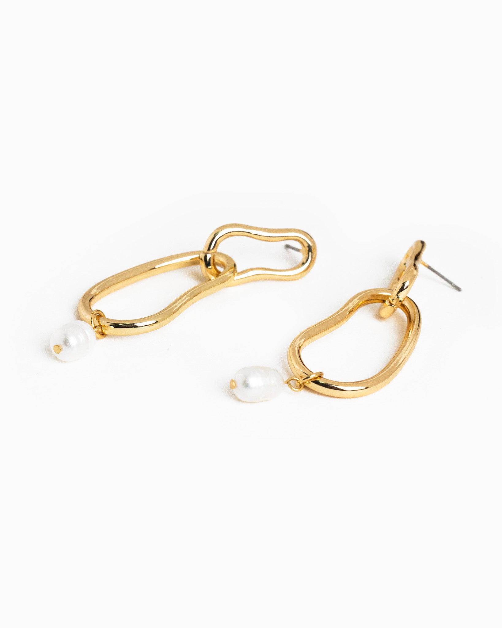 Abstract Gold Link Single Freshwater Pearl Drop Earrings