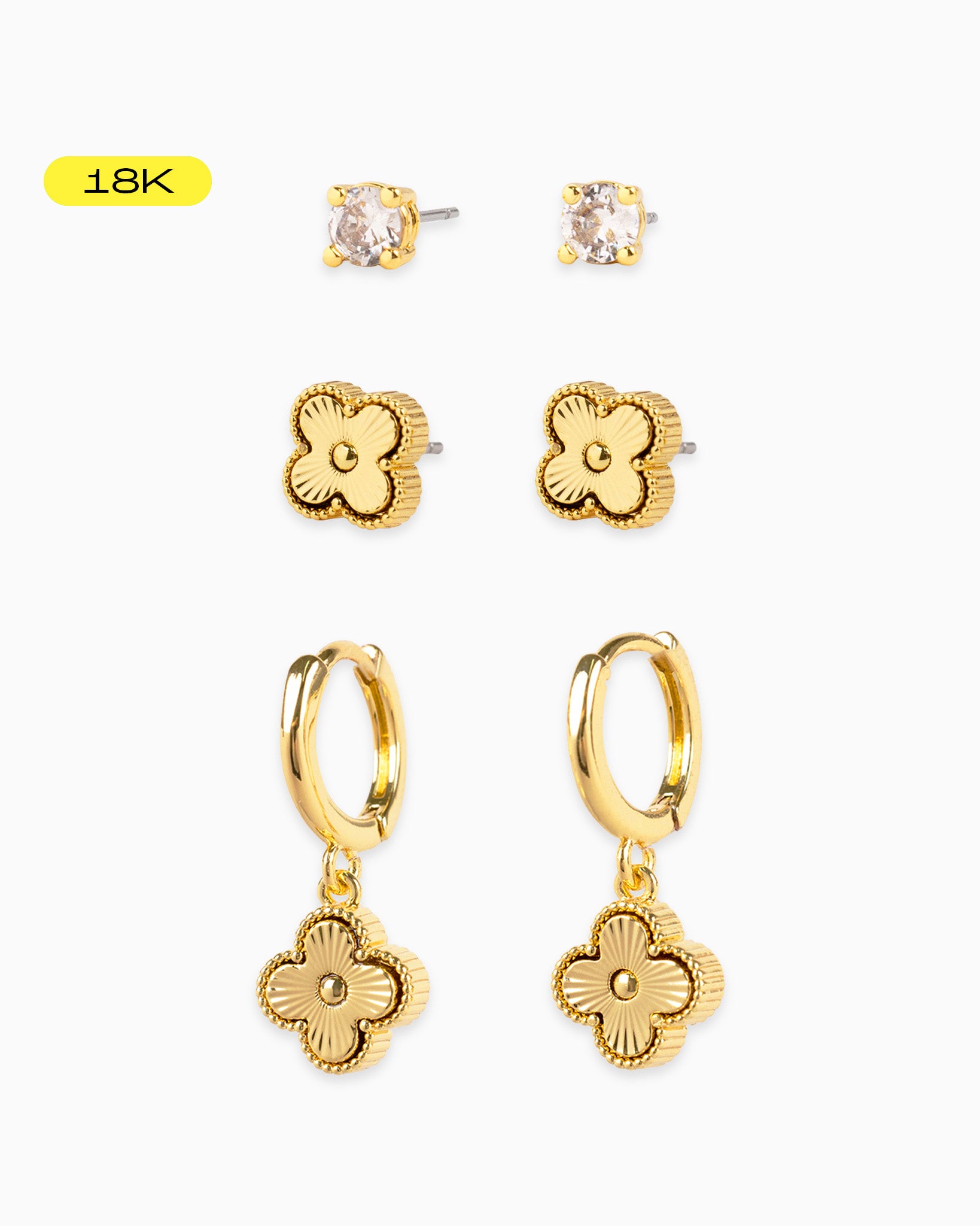 [18K] Bright Flash Gold Clover Earring Set, Set of 3