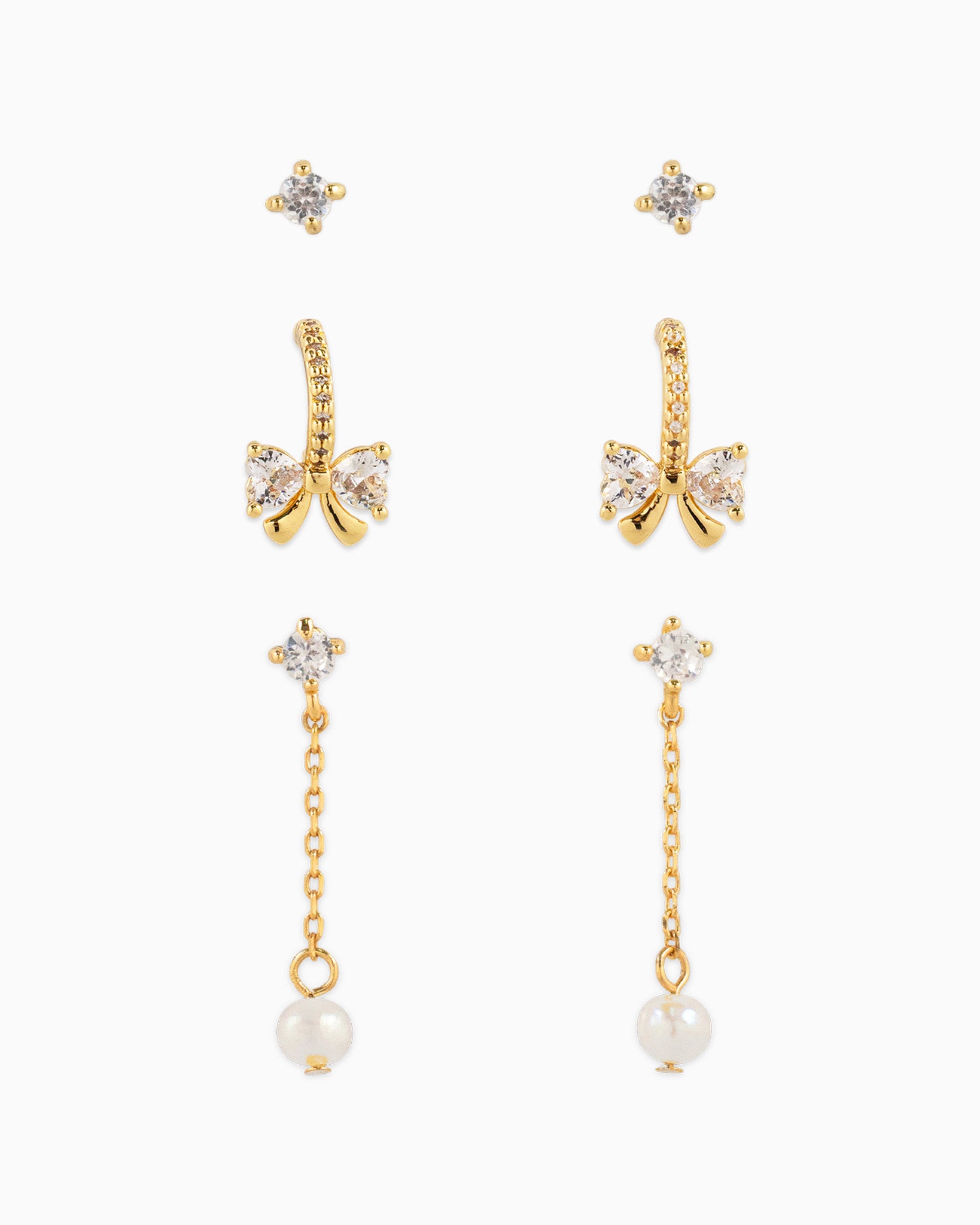 Dainty Diamond CZ Ribbon Pearl Variety Earring Set, Set of 3