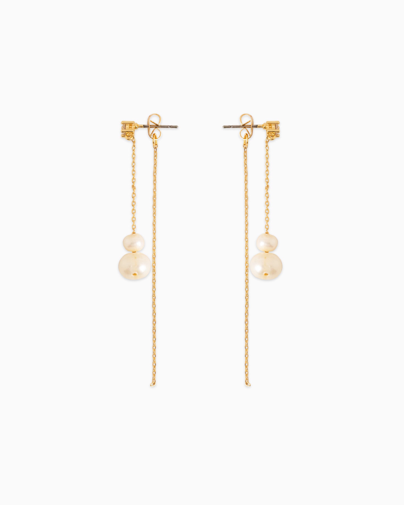 CZ and Double Freshwater Pearl with Gold Chain Drop Front and Back Earrings