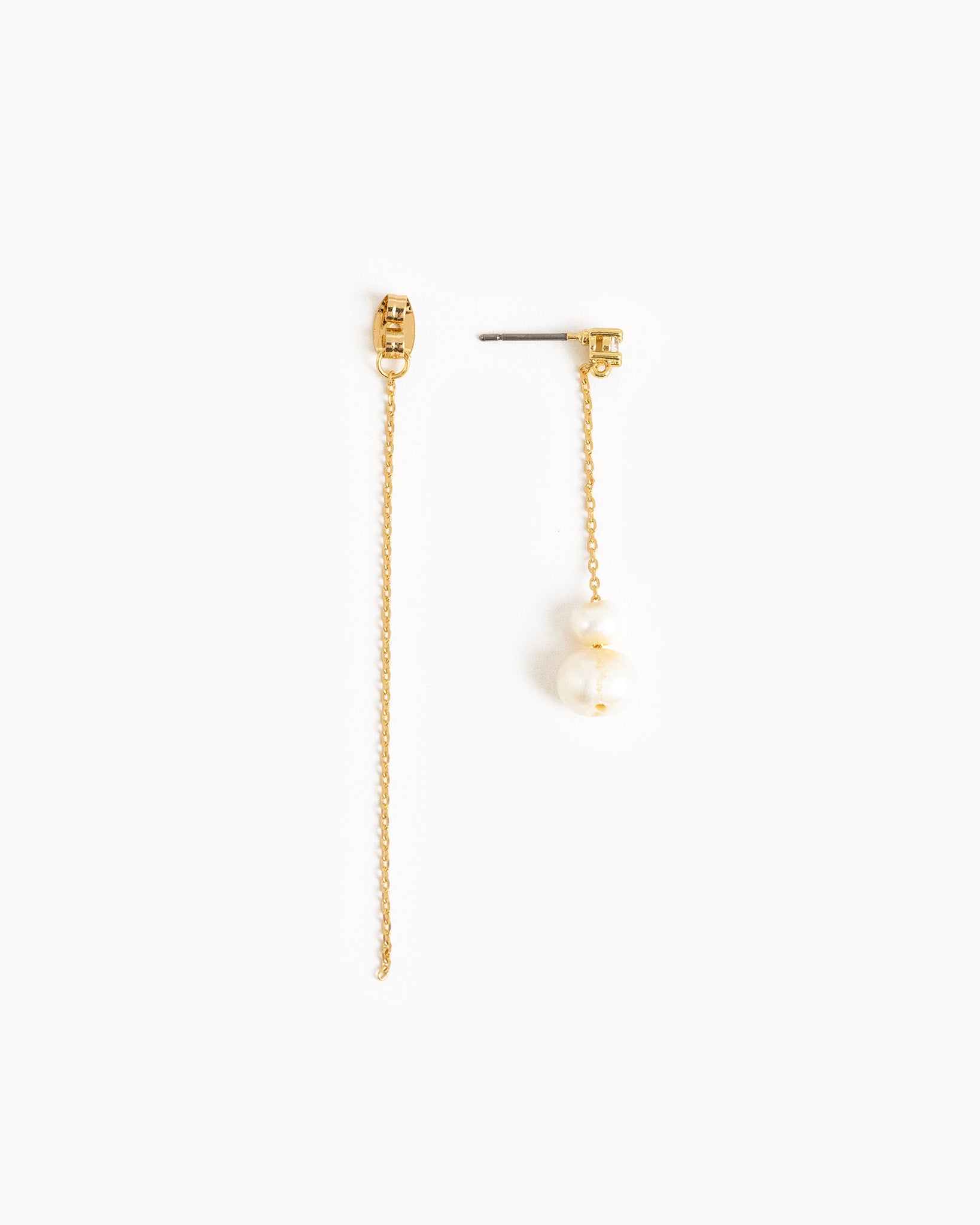 CZ and Double Freshwater Pearl with Gold Chain Drop Front and Back Earrings