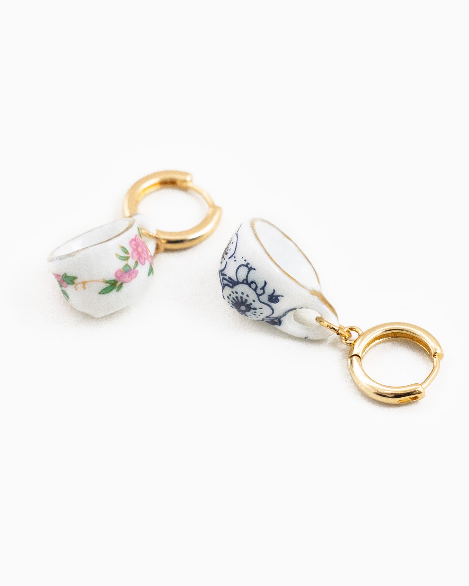 Ceramic Blue Teacup Hoop Earrings