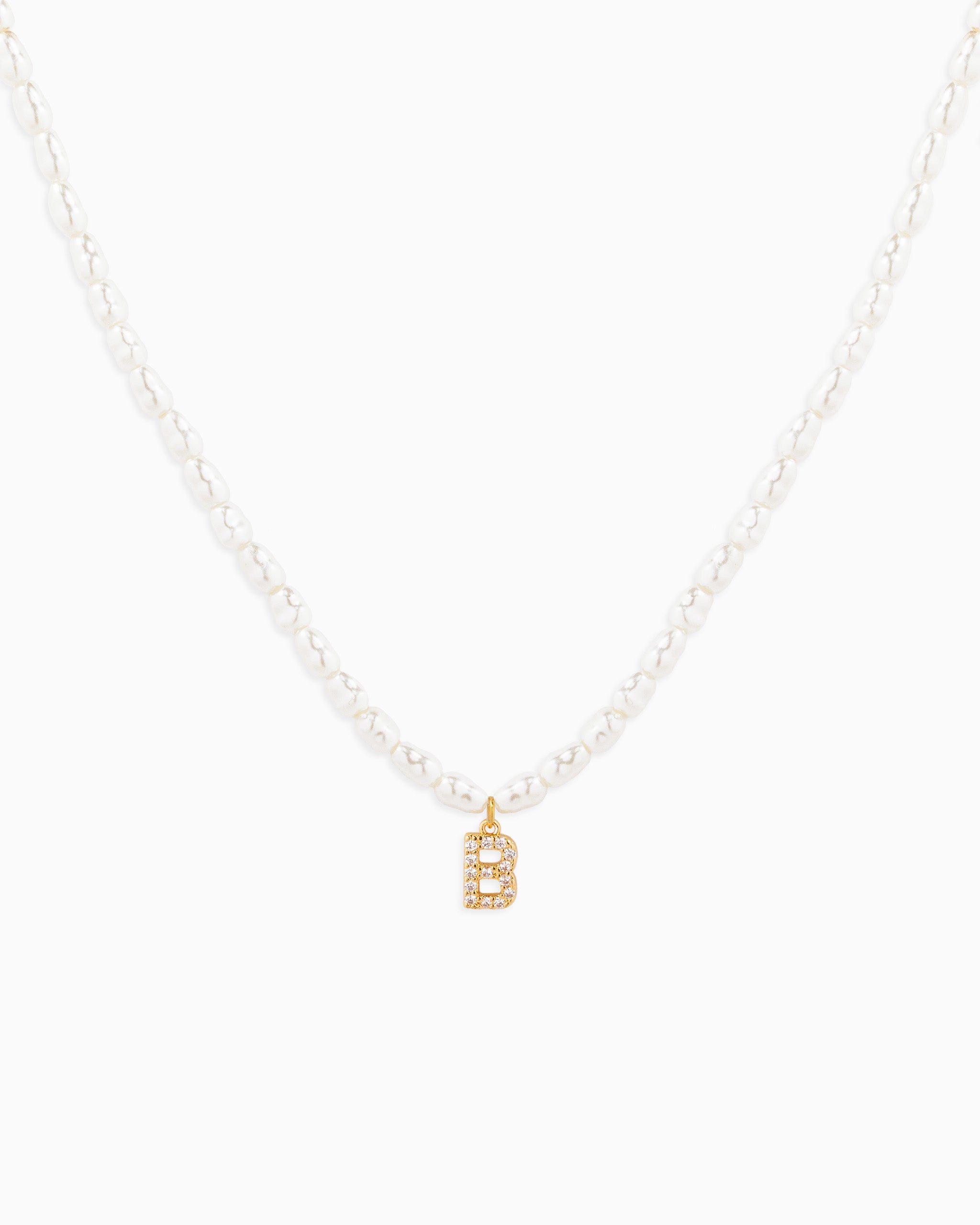 CZ Pave Letter Initial Pearl Necklace – Gold B