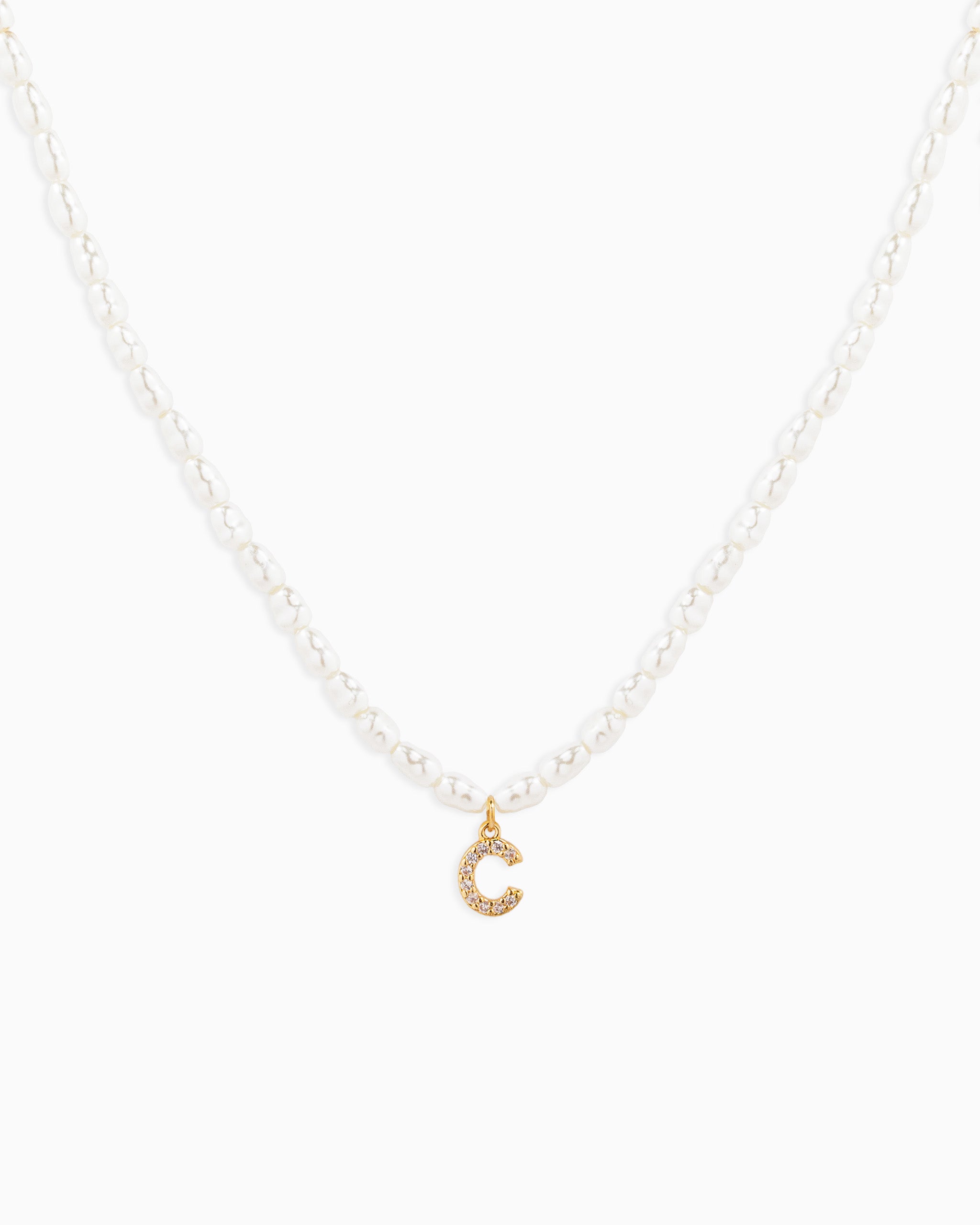 CZ Pave Letter Initial Pearl Necklace – Gold C