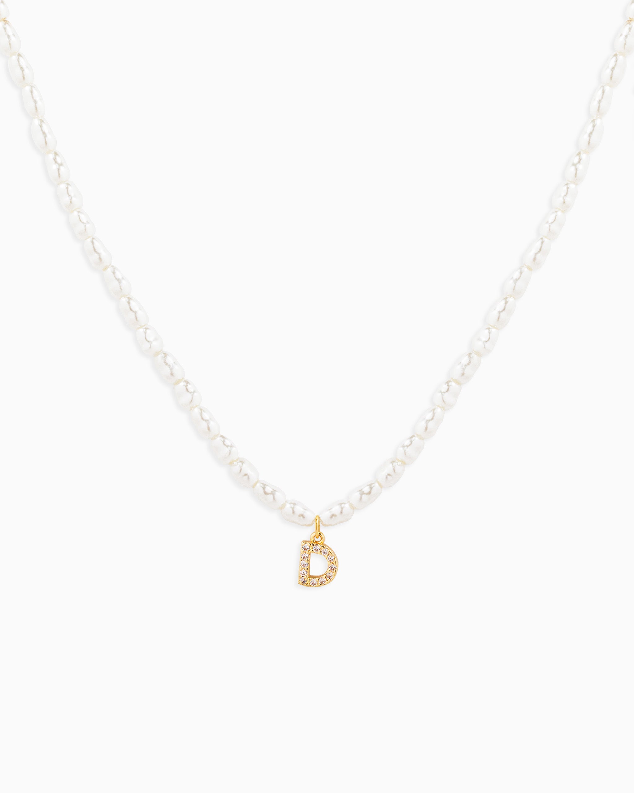 CZ Pave Letter Initial Pearl Necklace – Gold D