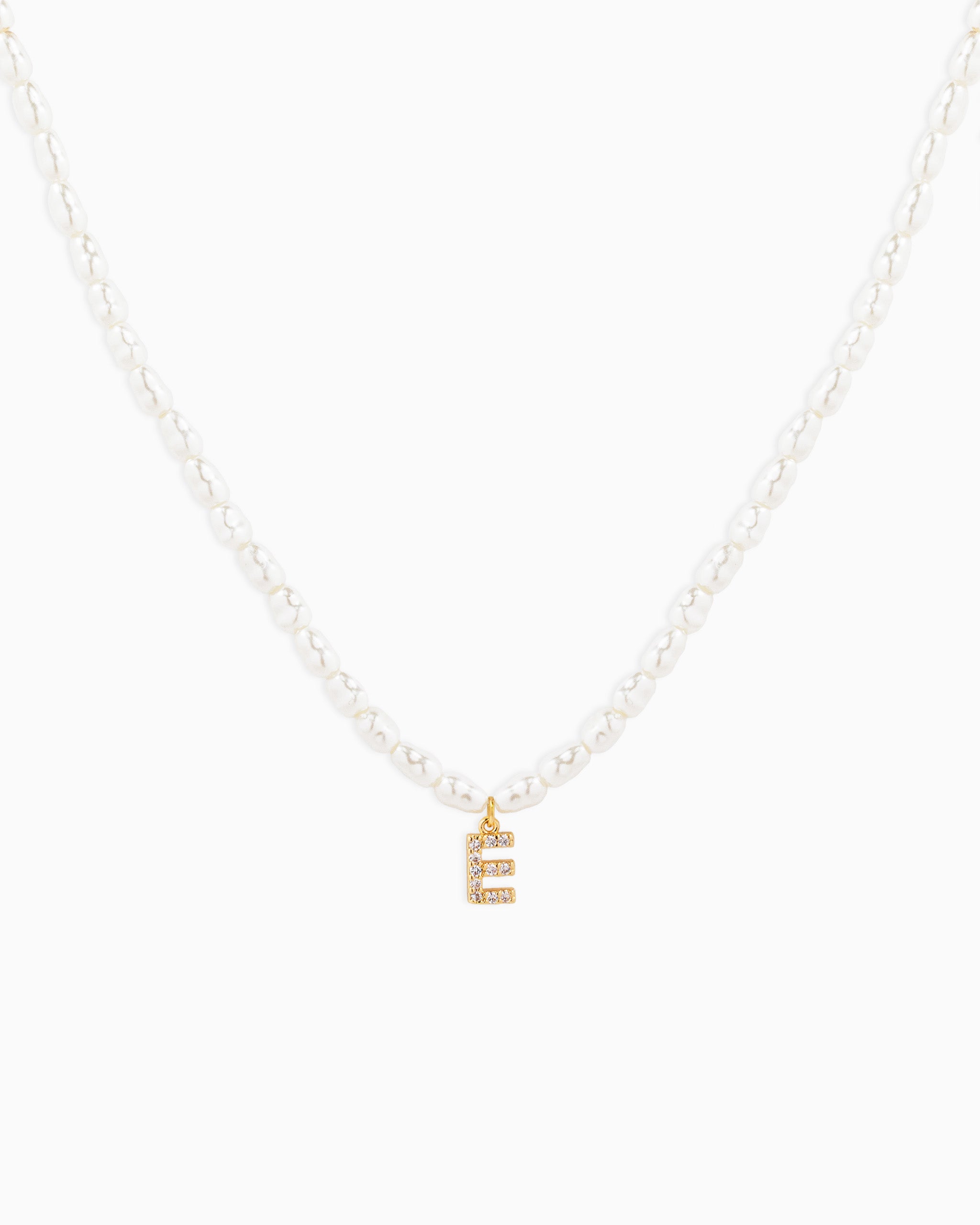 CZ Pave Letter Initial Pearl Necklace – Gold E