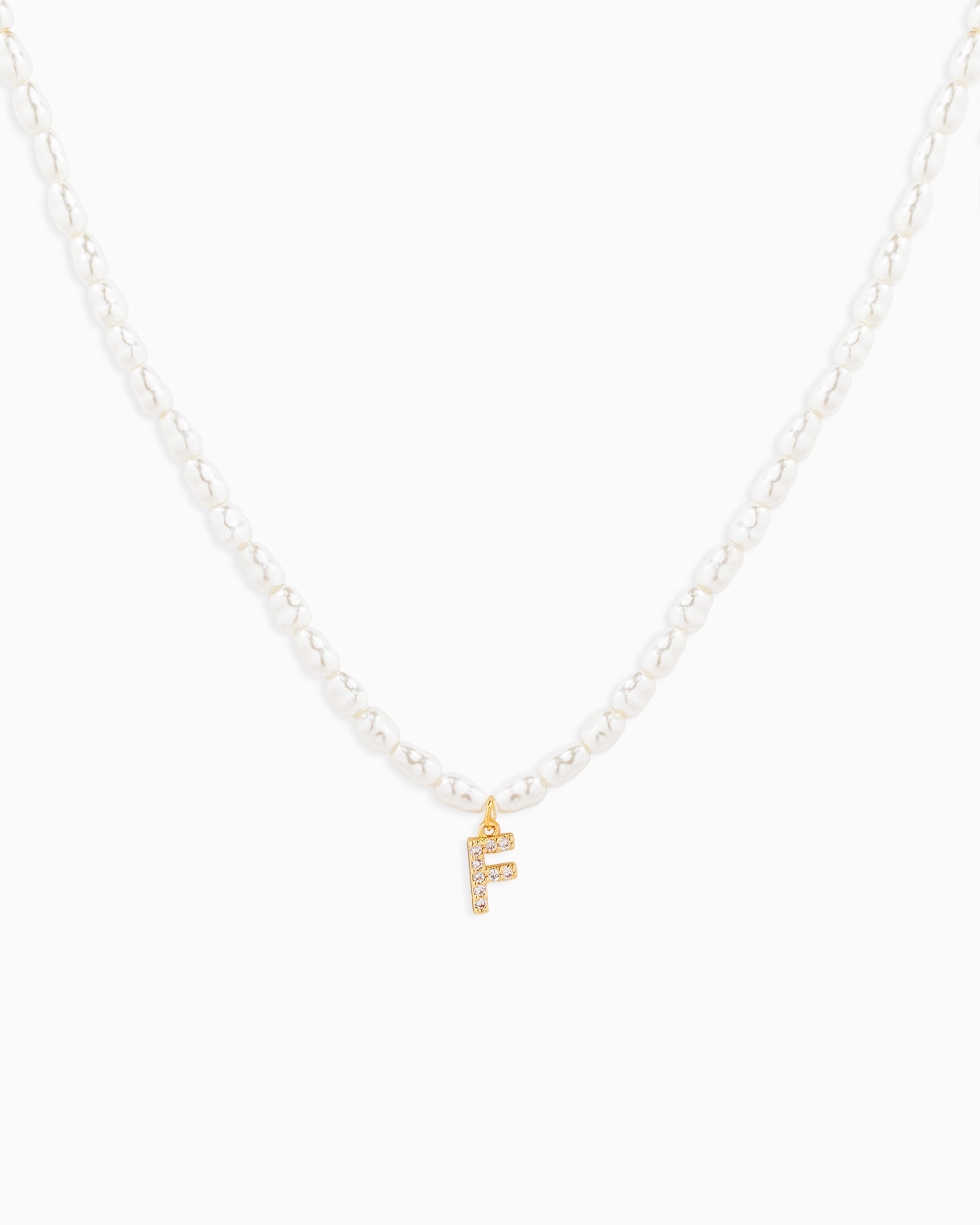 CZ Pave Letter Initial Pearl Necklace – Gold F