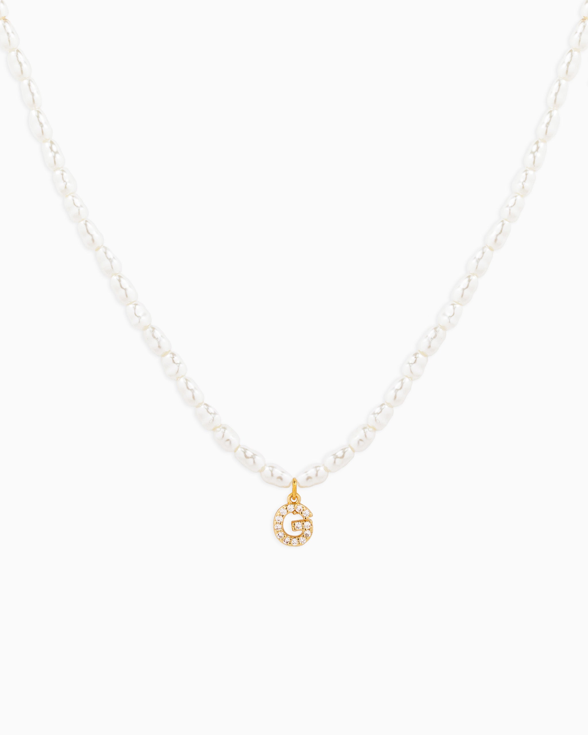 CZ Pave Letter Initial Pearl Necklace – Gold G