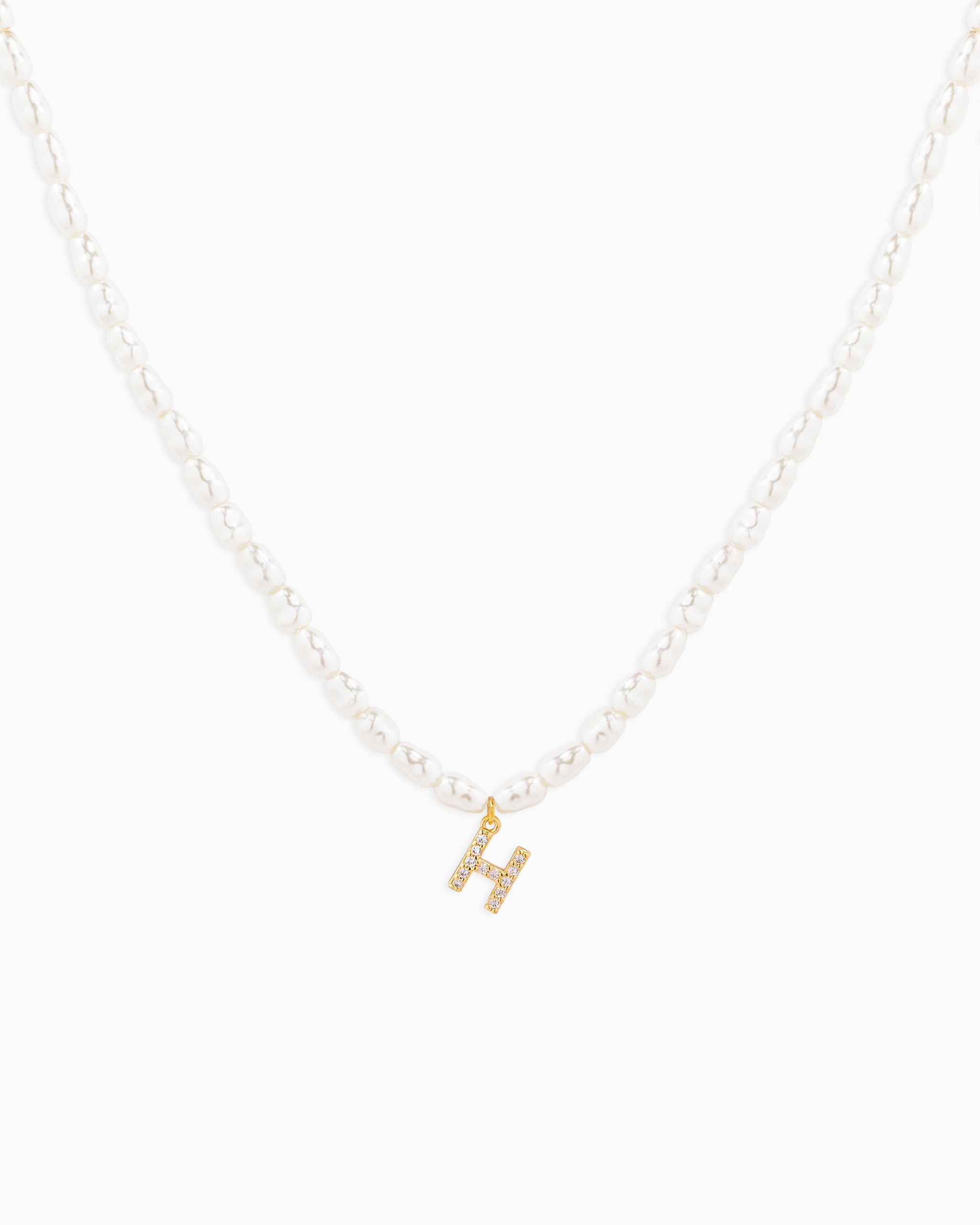 CZ Pave Letter Initial Pearl Necklace – Gold H