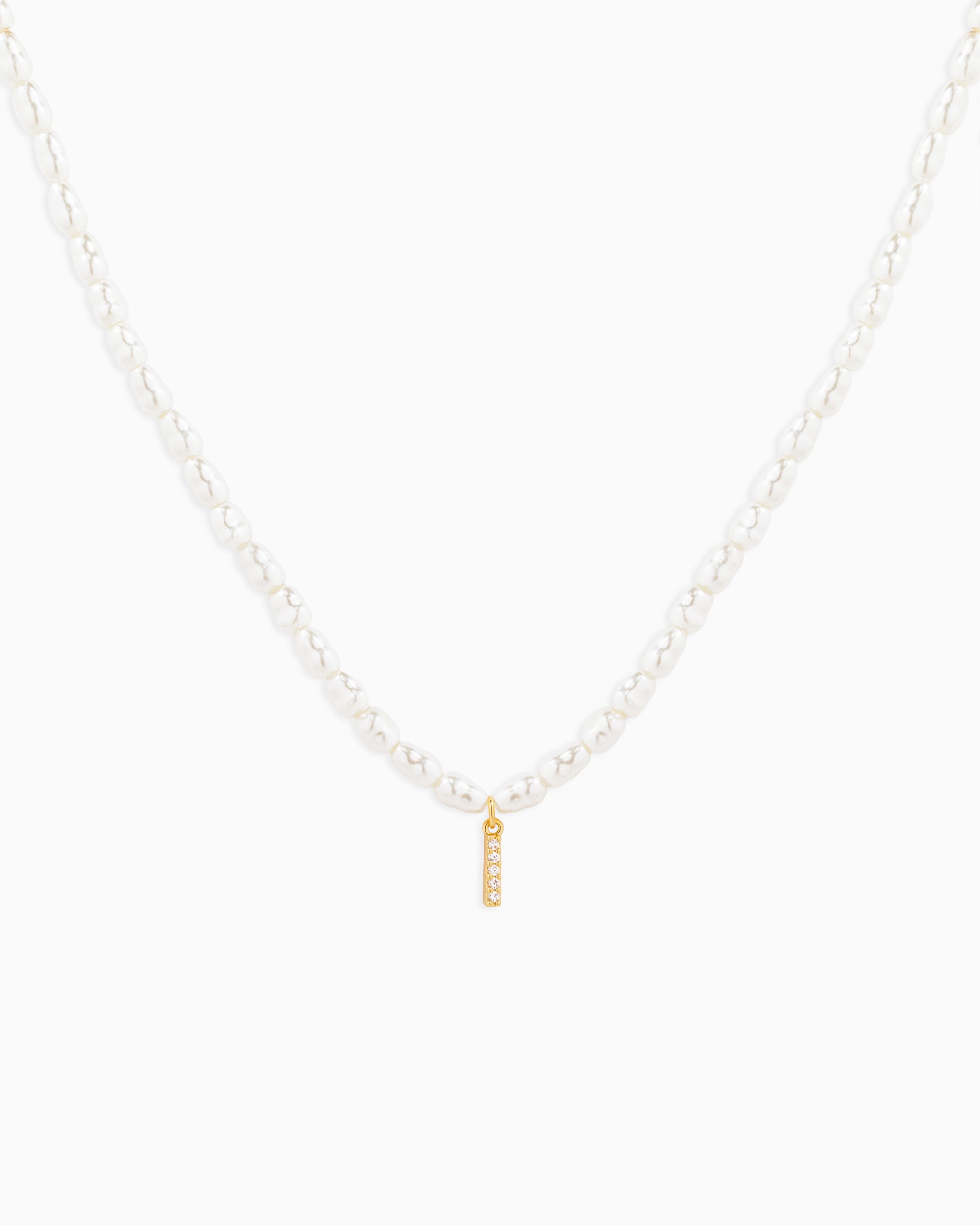 CZ Pave Letter Initial Pearl Necklace – Gold I