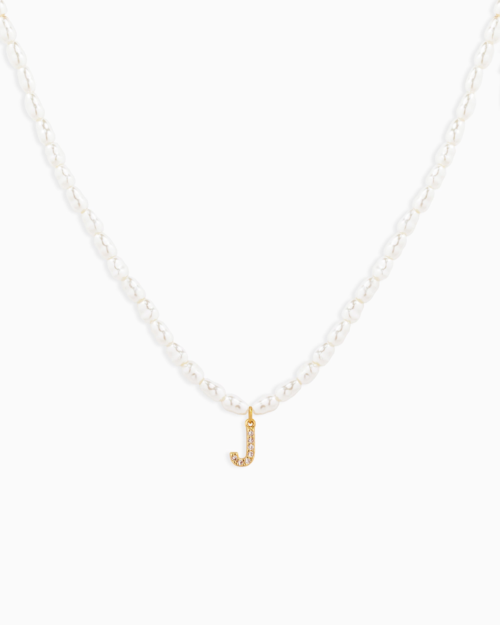 CZ Pave Letter Initial Pearl Necklace – Gold J