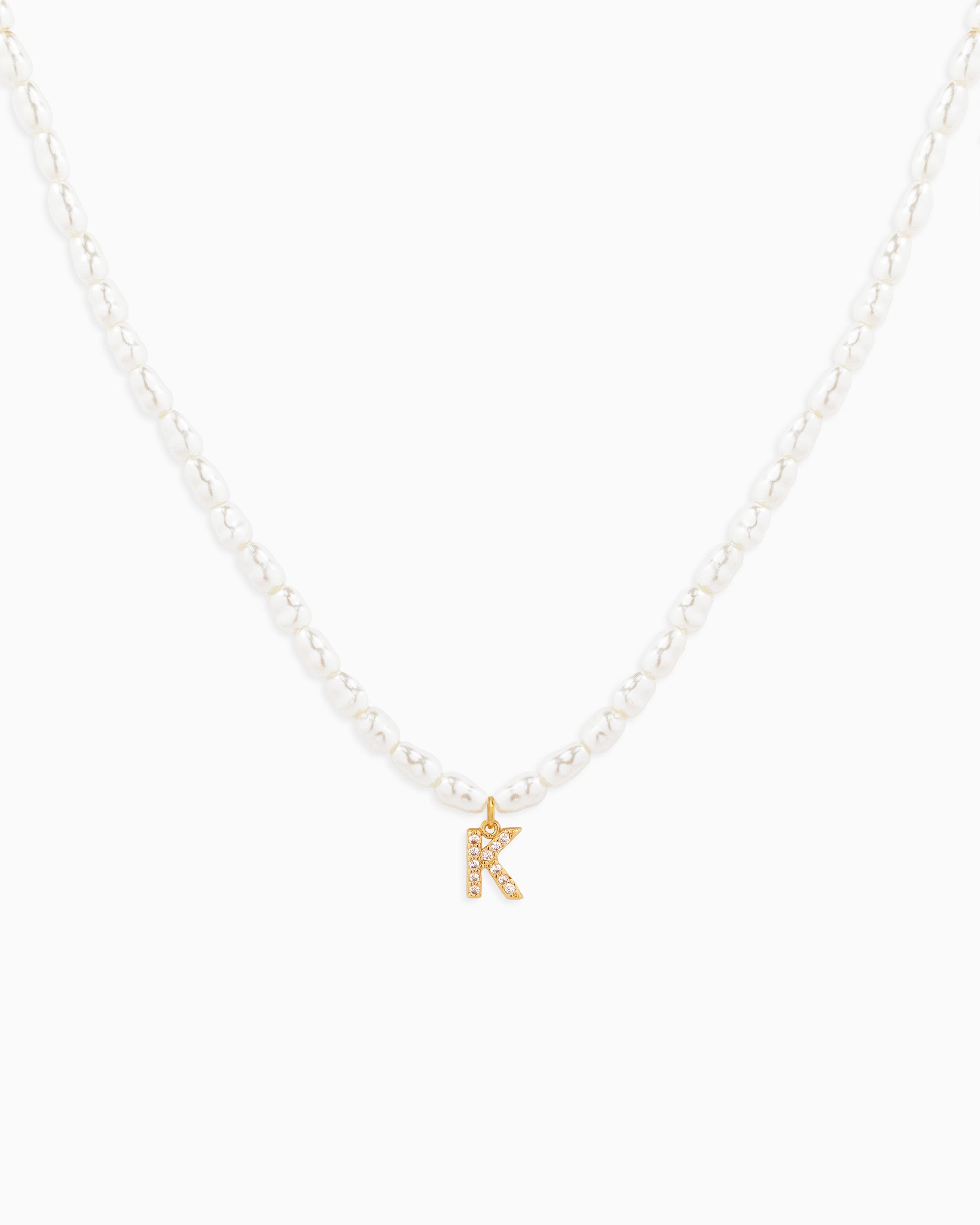 CZ Pave Letter Initial Pearl Necklace – Gold K