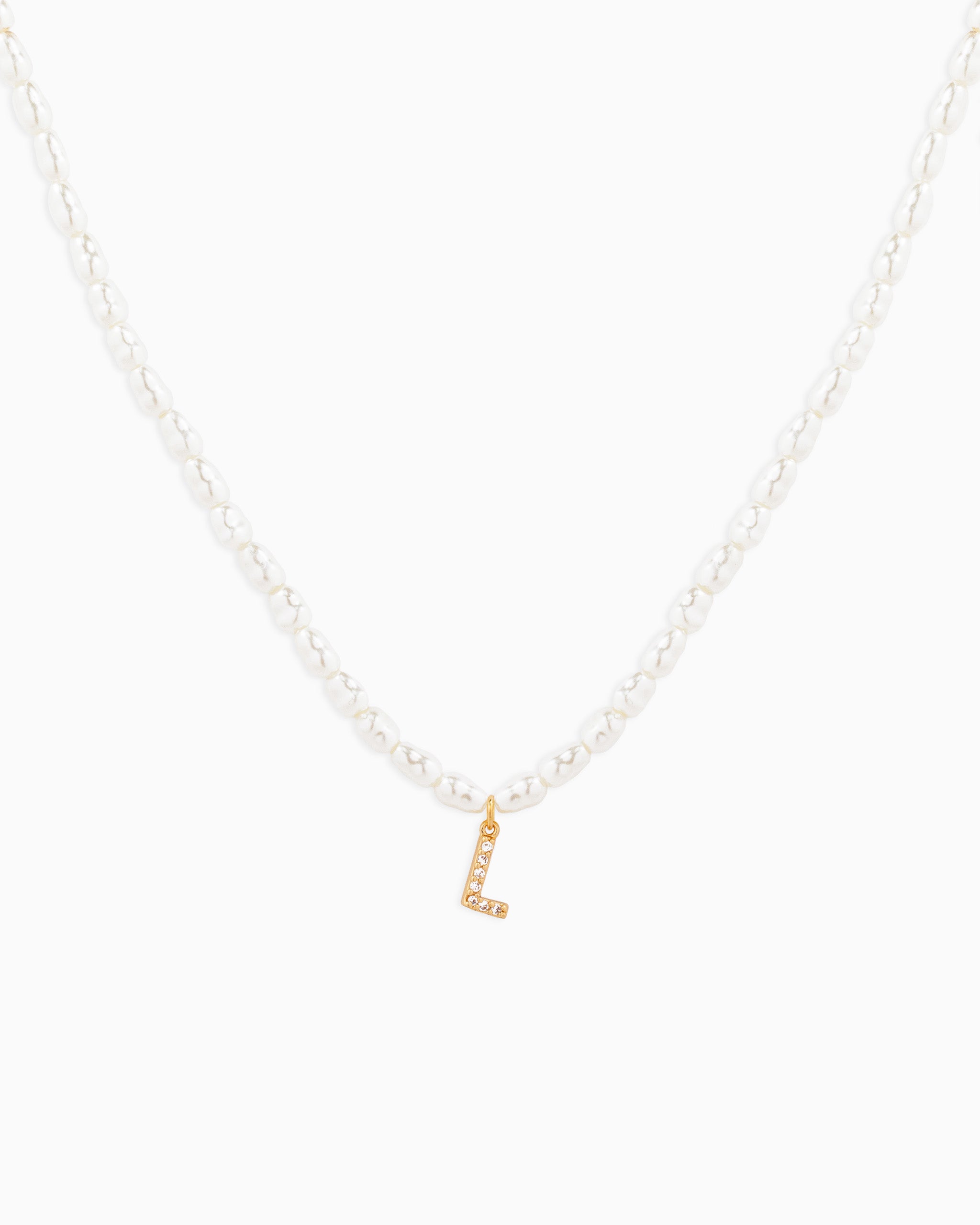 CZ Pave Letter Initial Pearl Necklace – Gold L