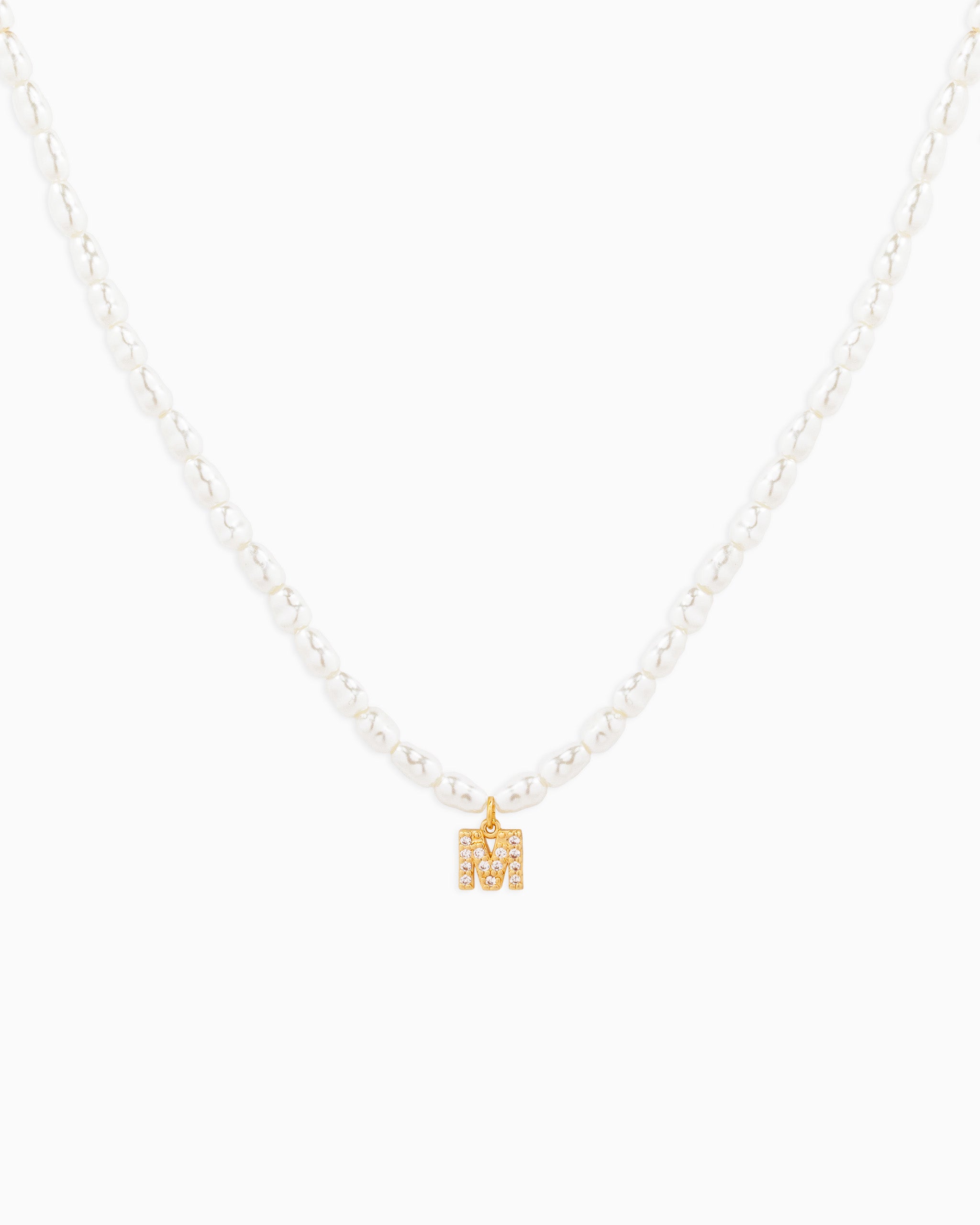 CZ Pave Letter Initial Pearl Necklace – Gold M