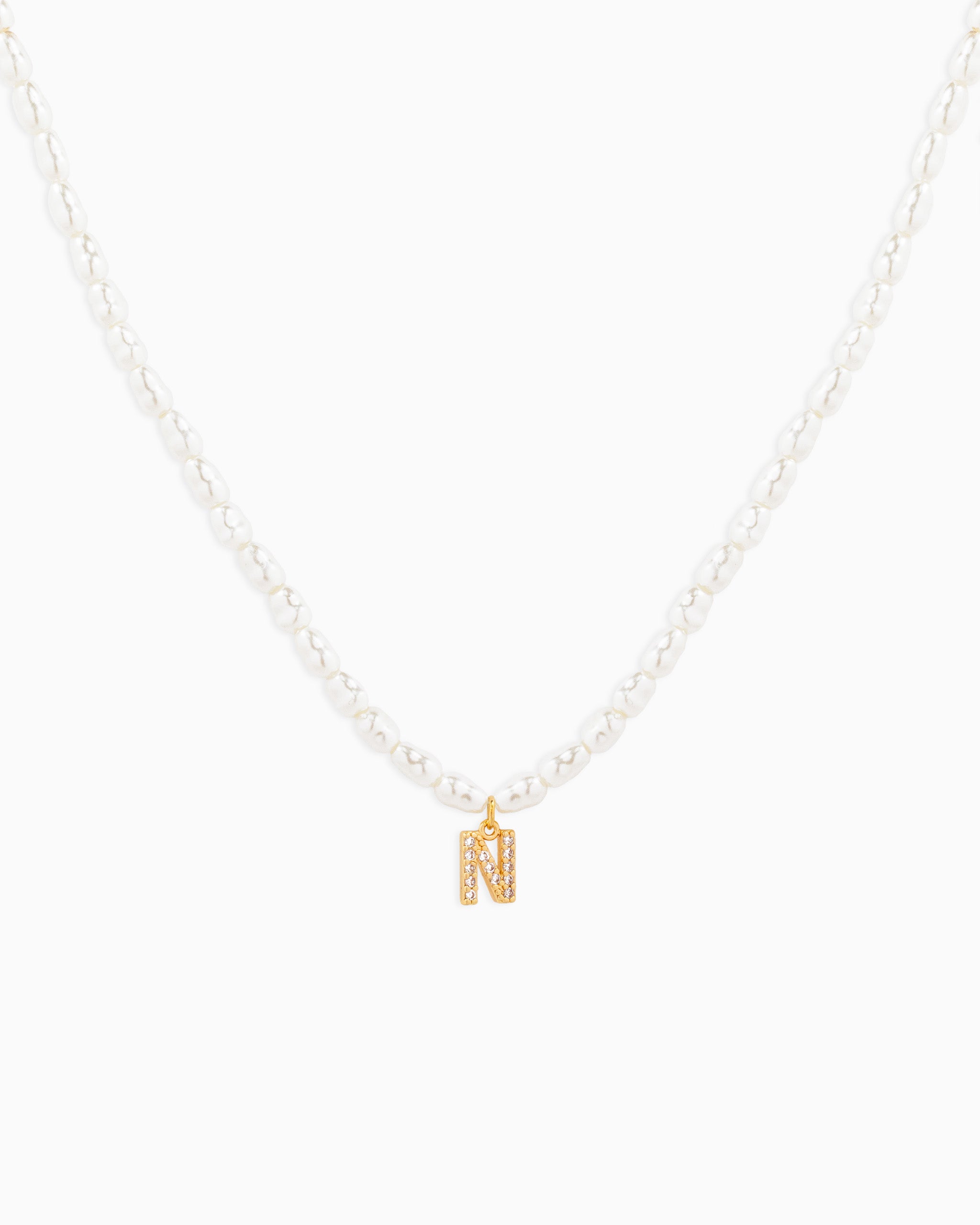 CZ Pave Letter Initial Pearl Necklace – Gold N