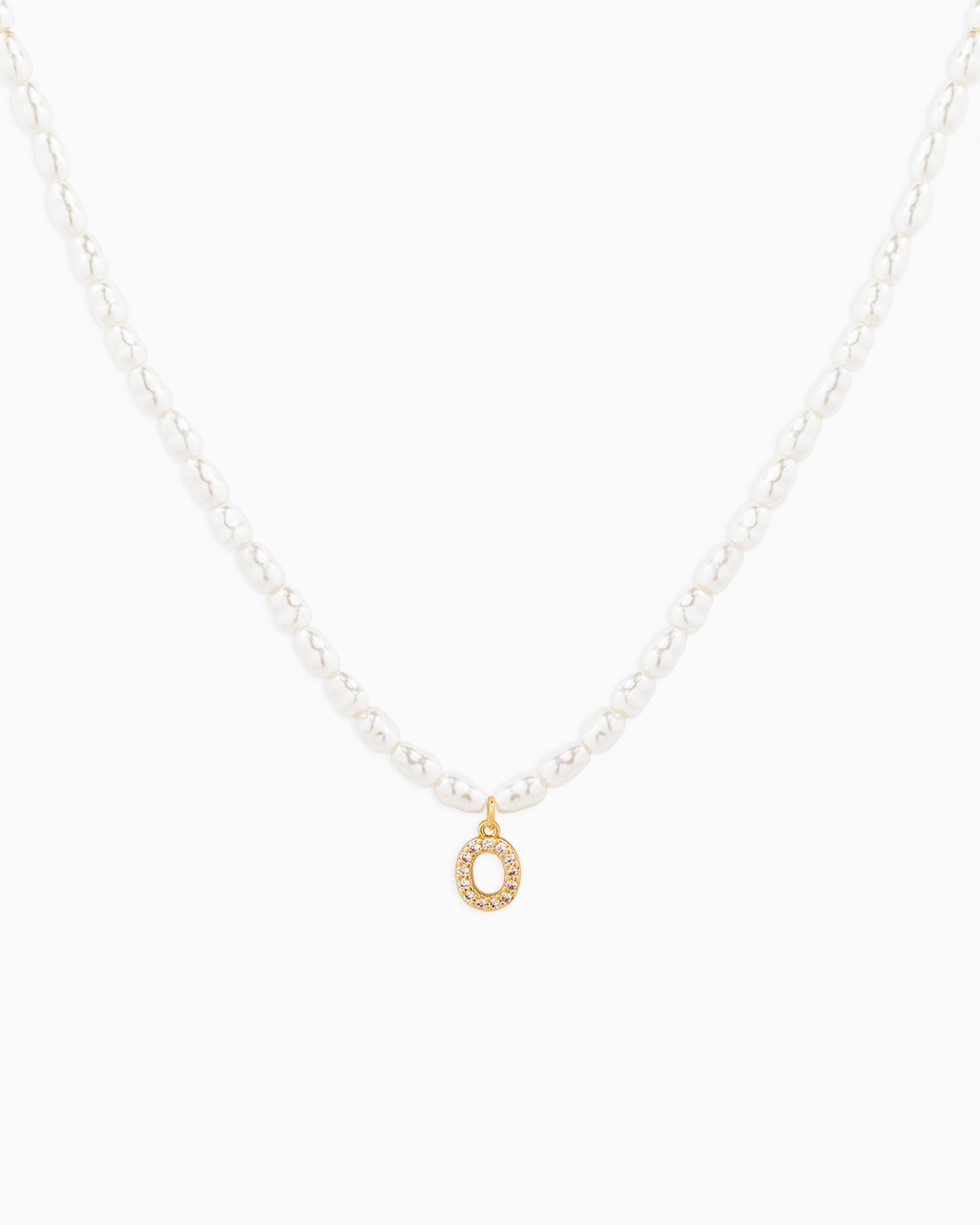CZ Pave Letter Initial Pearl Necklace – Gold O