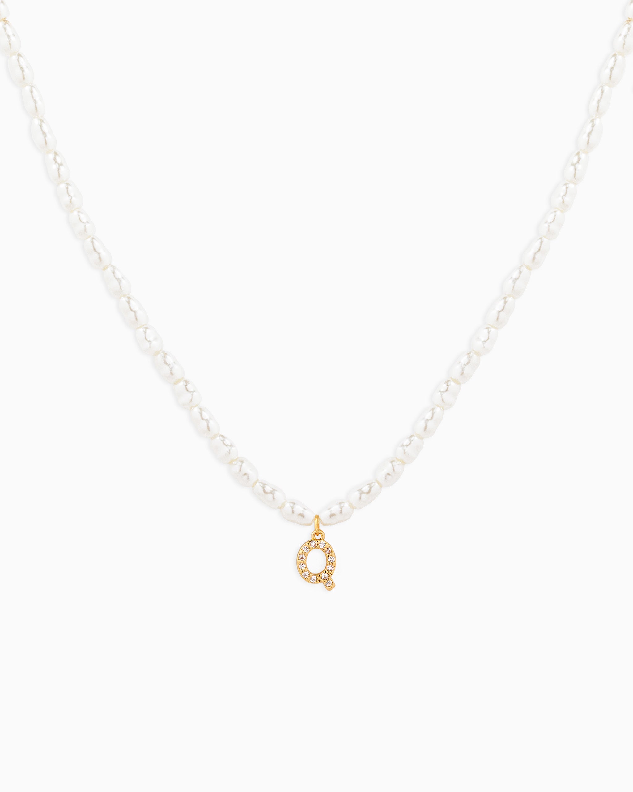 CZ Pave Letter Initial Pearl Necklace – Gold Q