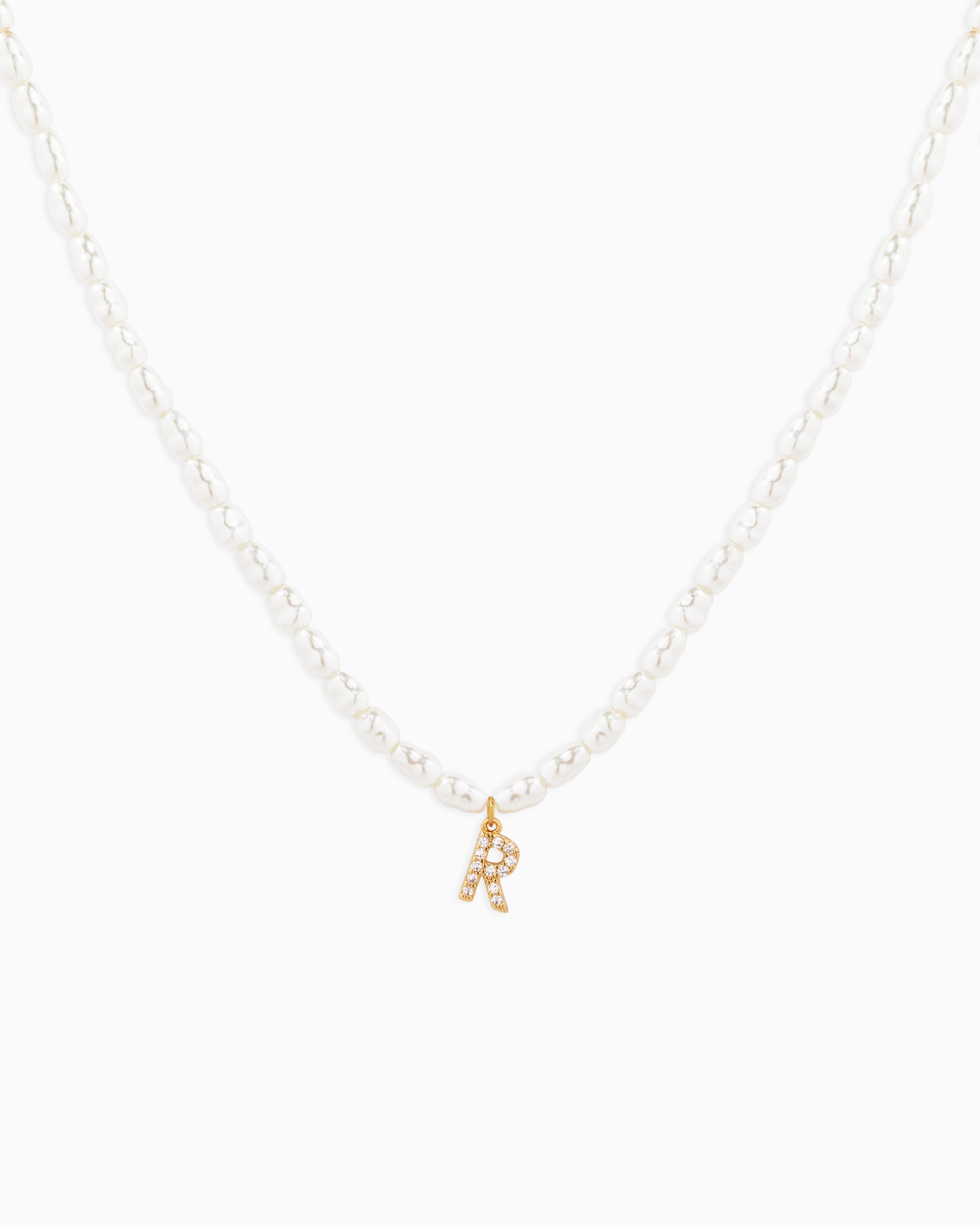 CZ Pave Letter Initial Pearl Necklace – Gold R