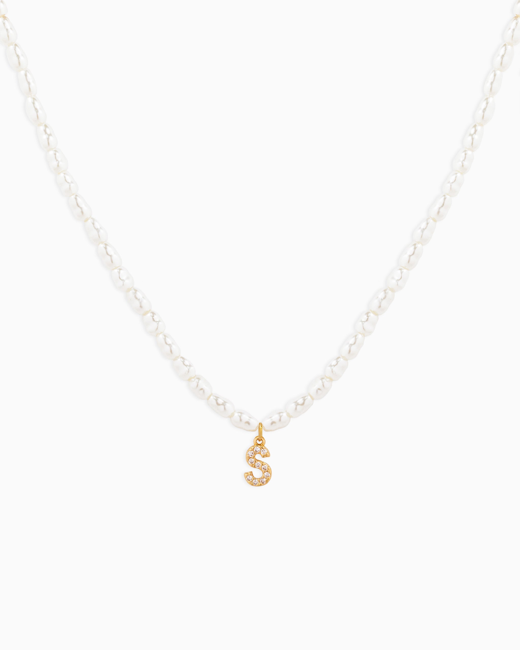 CZ Pave Letter Initial Pearl Necklace – Gold S