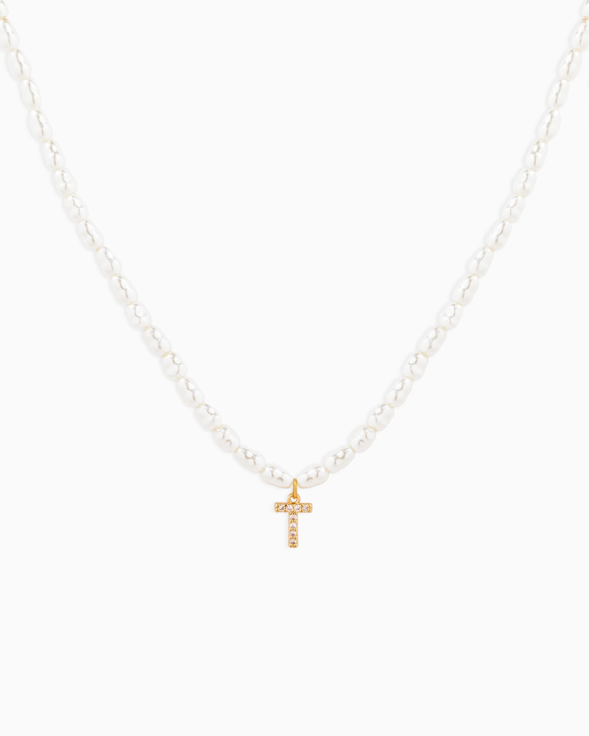 CZ Pave Letter Initial Pearl Necklace – Gold T