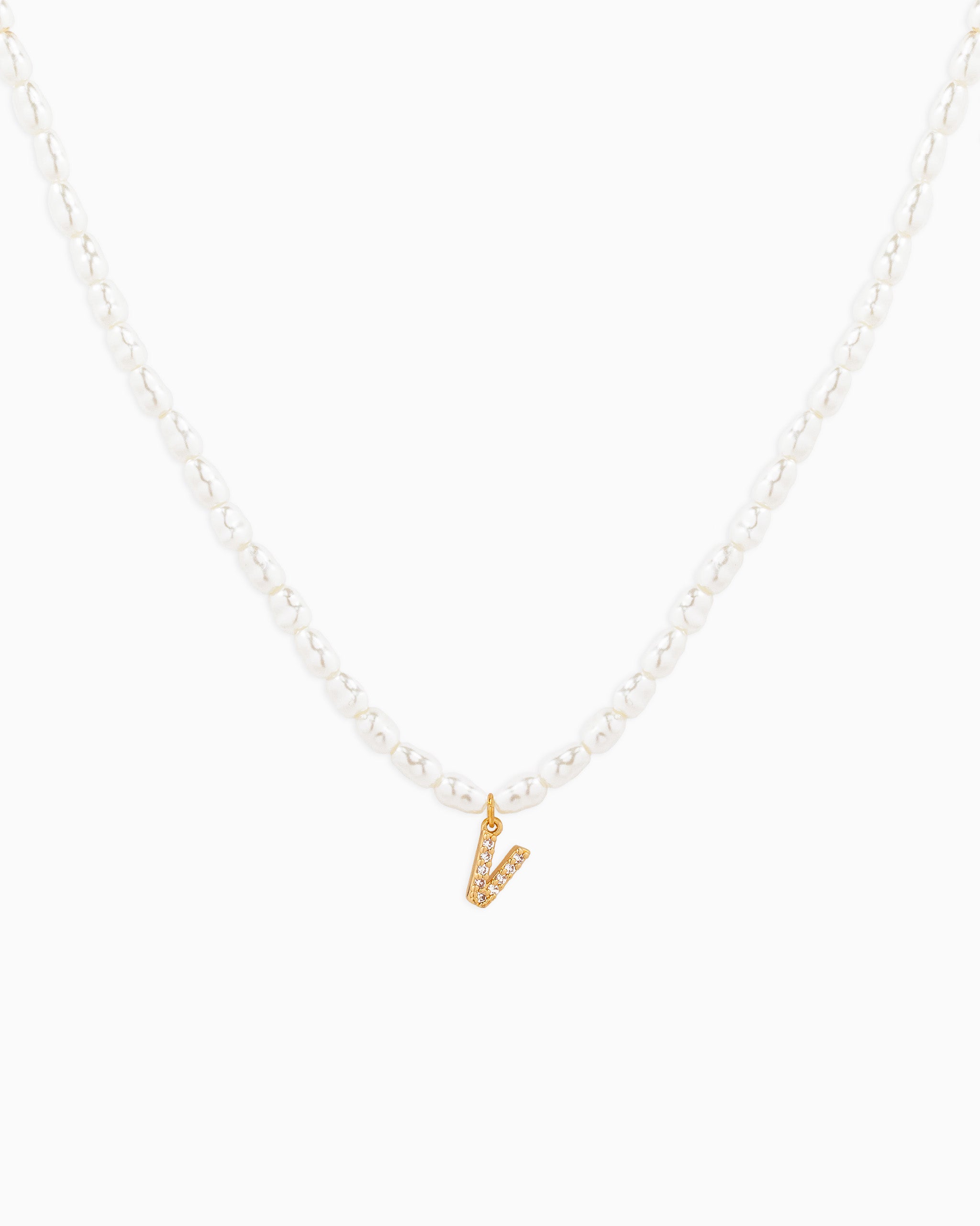 CZ Pave Letter Initial Pearl Necklace – Gold V