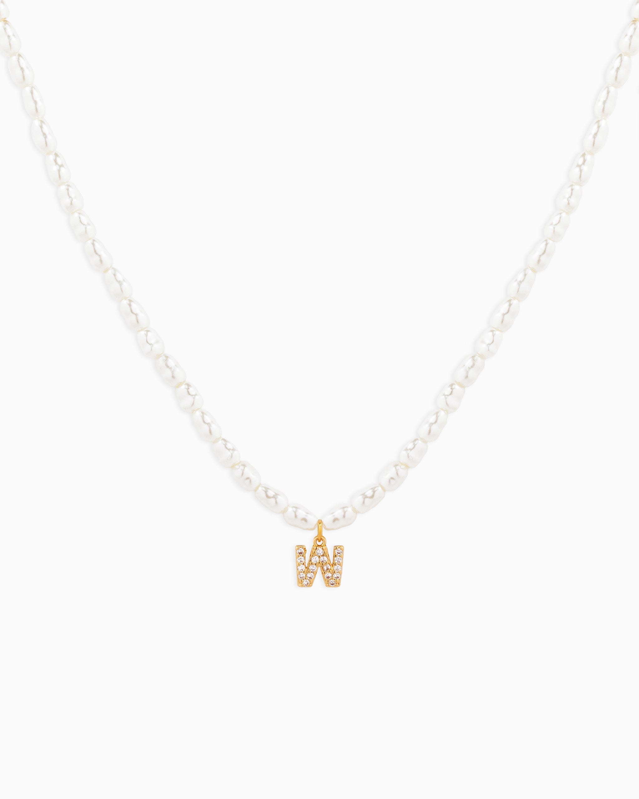 CZ Pave Letter Initial Pearl Necklace – Gold W