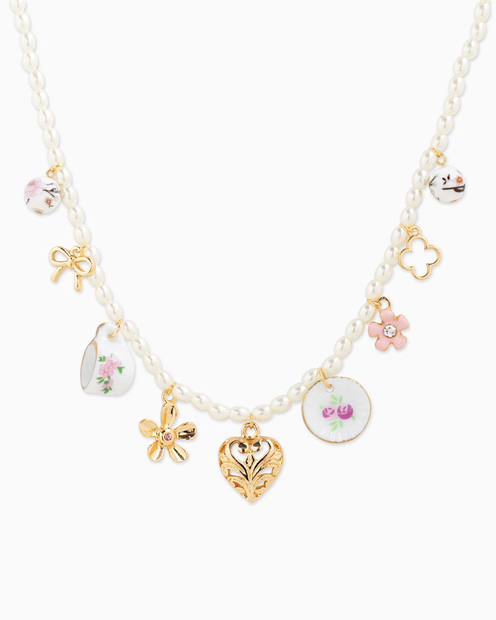 Triple Pink Celebration Charm Pearl Chain Necklace