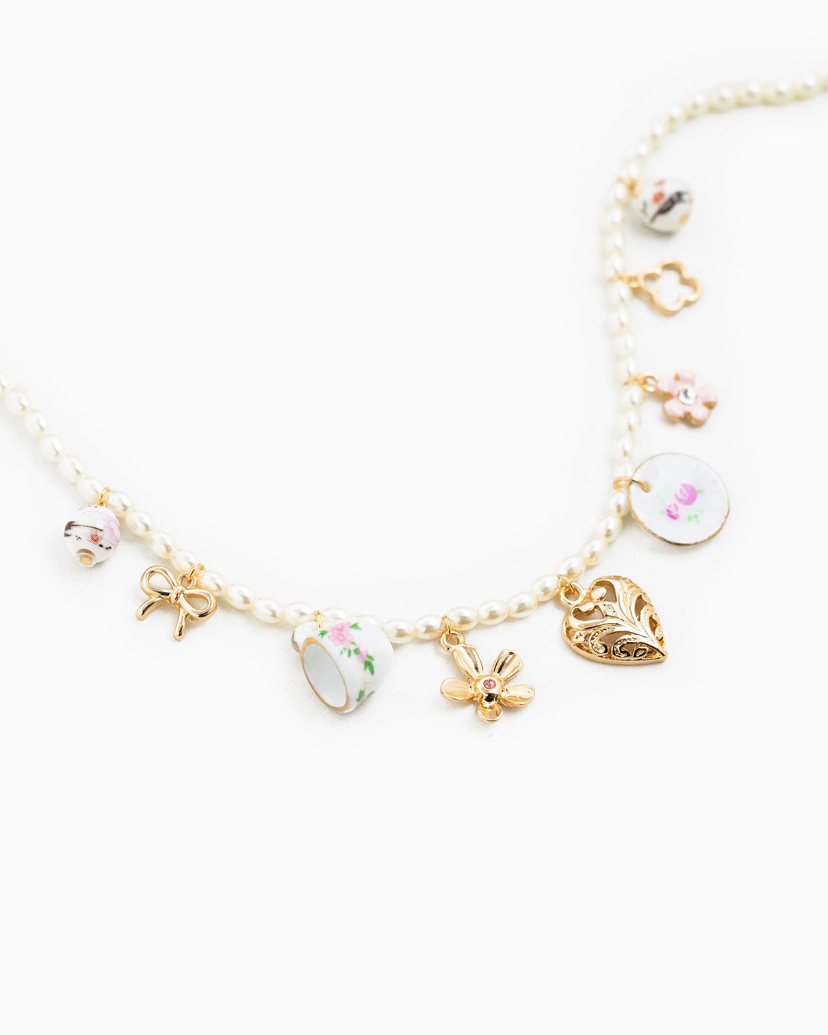 Triple Pink Celebration Charm Pearl Chain Necklace