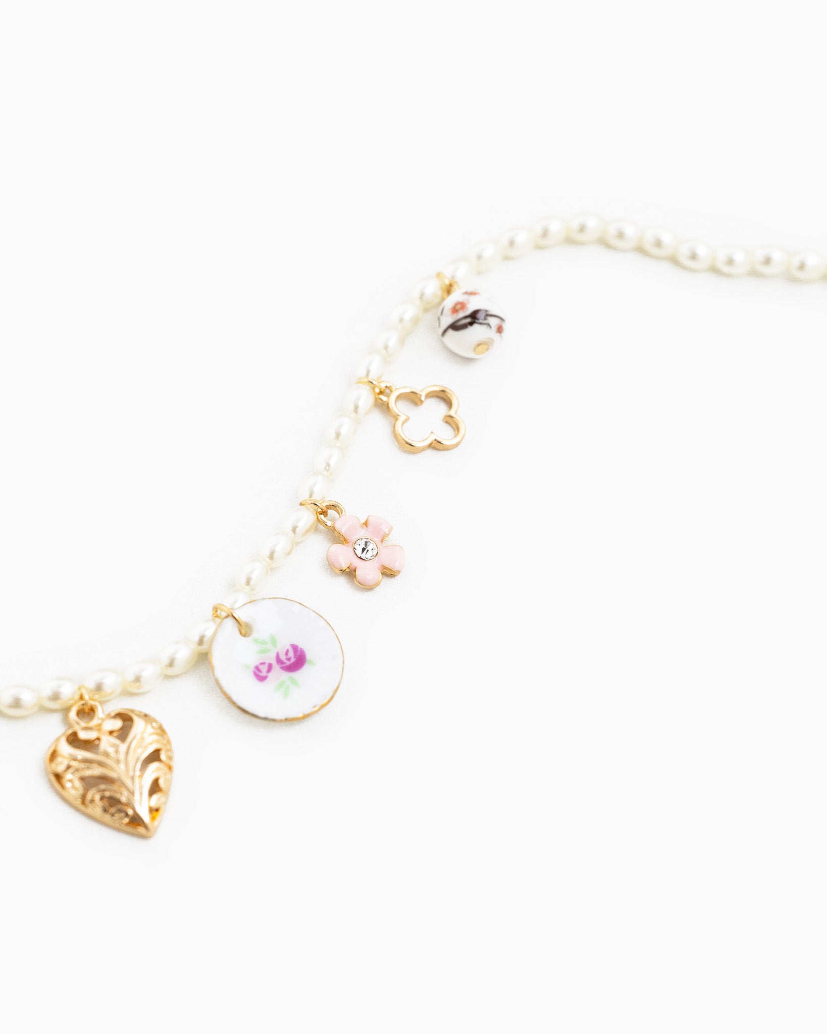 Triple Pink Celebration Charm Pearl Chain Necklace